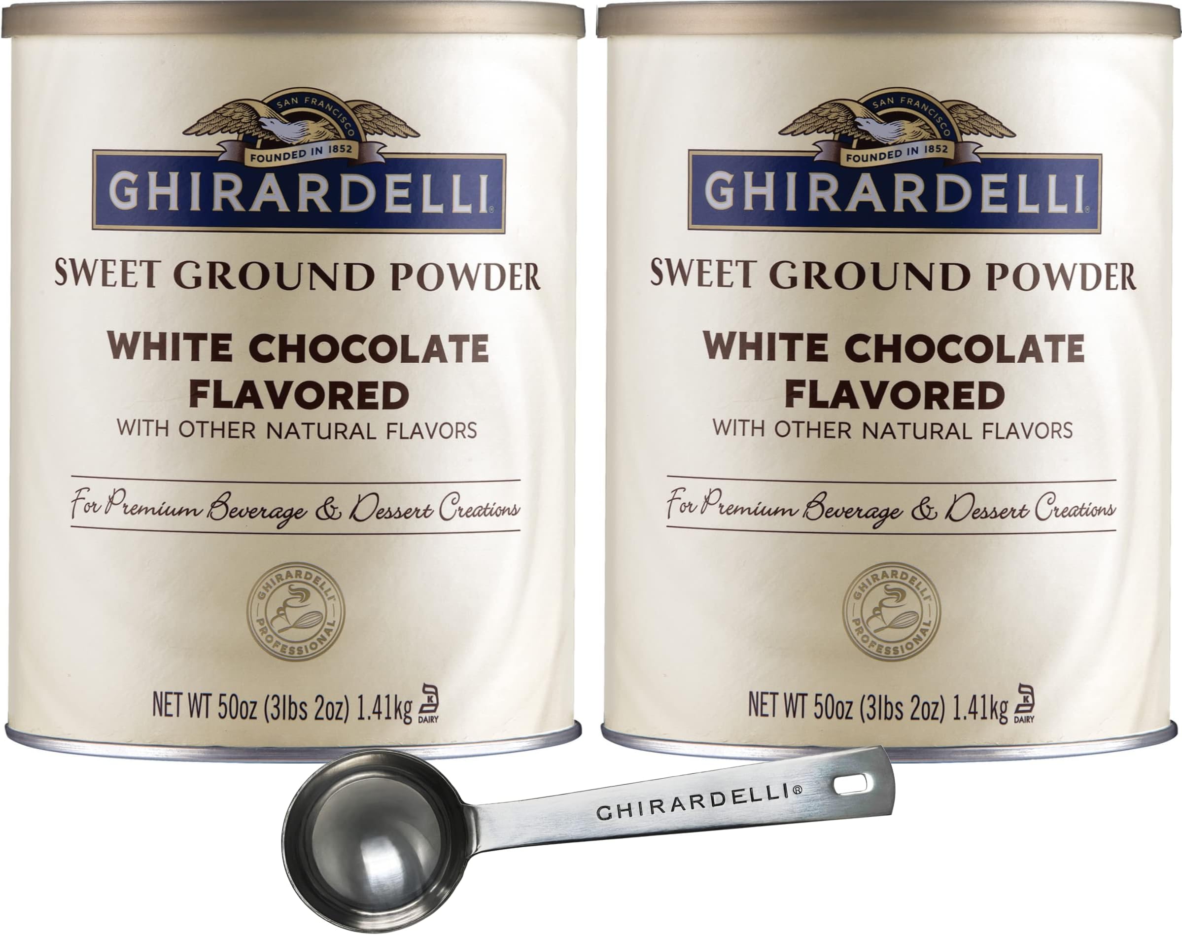 Ghirardelli Sweet Ground White Chocolate Gourmet Flavored Powder 3.12 Pound (Pack of 2) with Ghirardelli Stamped Barista Spoon
