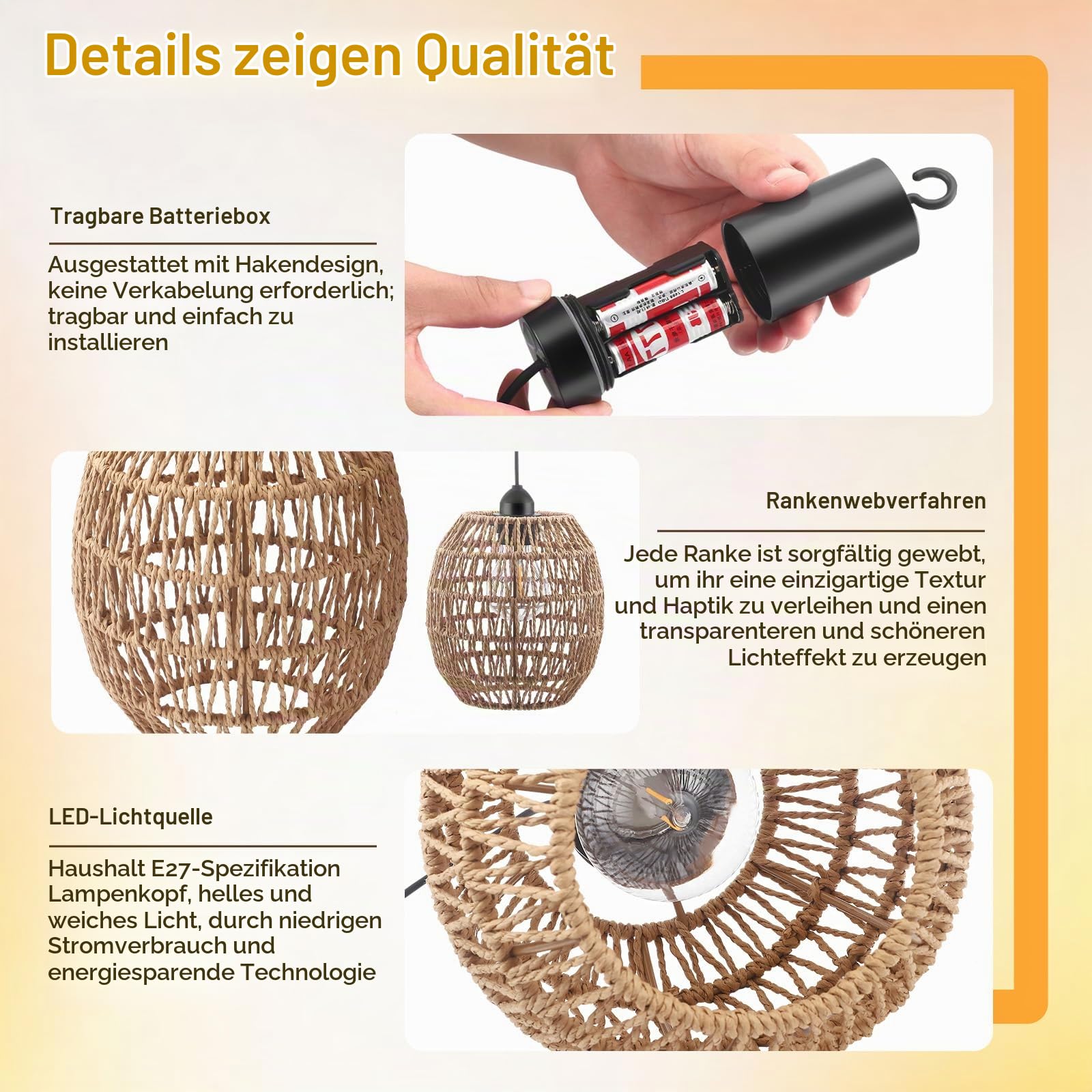 Hängelampe Rattan, 2 Stück Vintage Pendelleuchte Akku, Lampenschirm Hängelampe Boho Ohne Strom, E27 Outdoor Hängend Lampe für Patio Bar Garten Terrasse Wohnzimmer Schlafzimmer