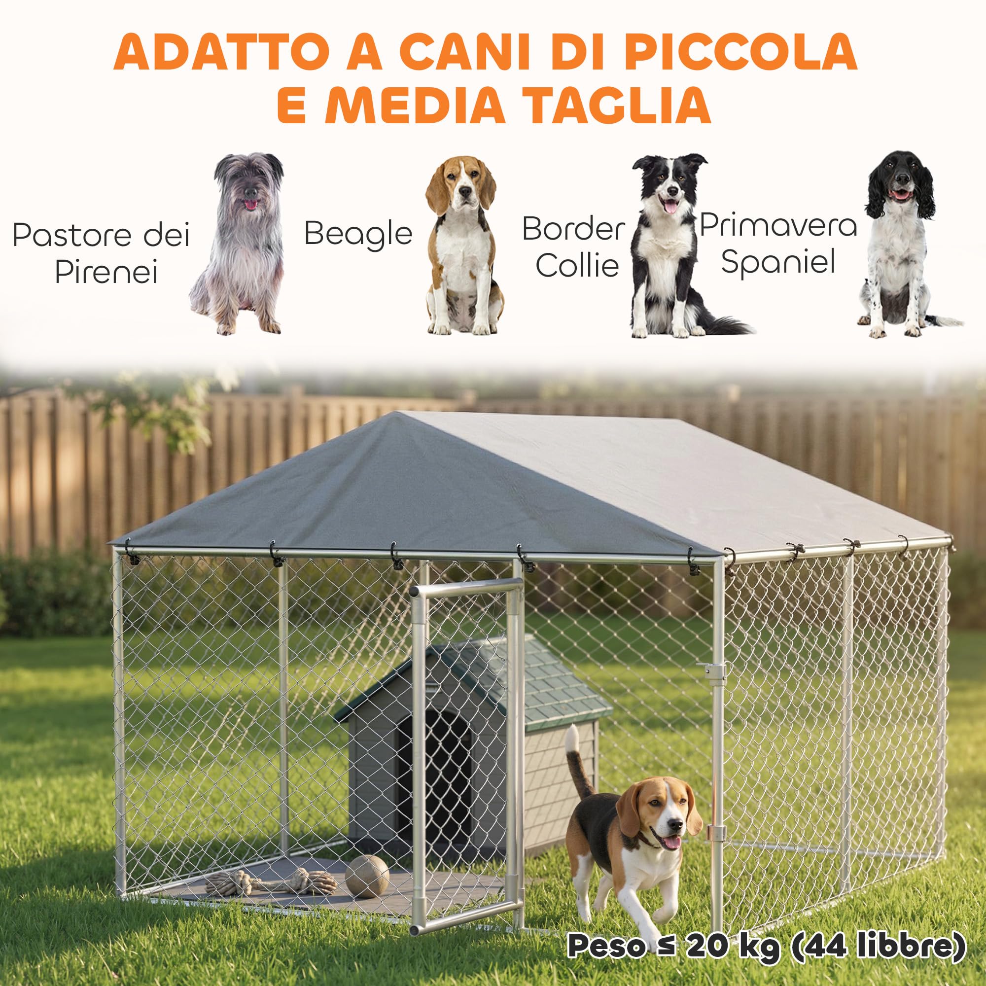 PawHut Kennel Gabbia per Cani da Esterno Grande, Box Recinto per Cani con Tetto Anti-UV Impermeabile Rimovibile, Porta Reversibile, Doppia Chiusura Antifuga, in Acciaio Zincato, 230x230x170cm, Argento
