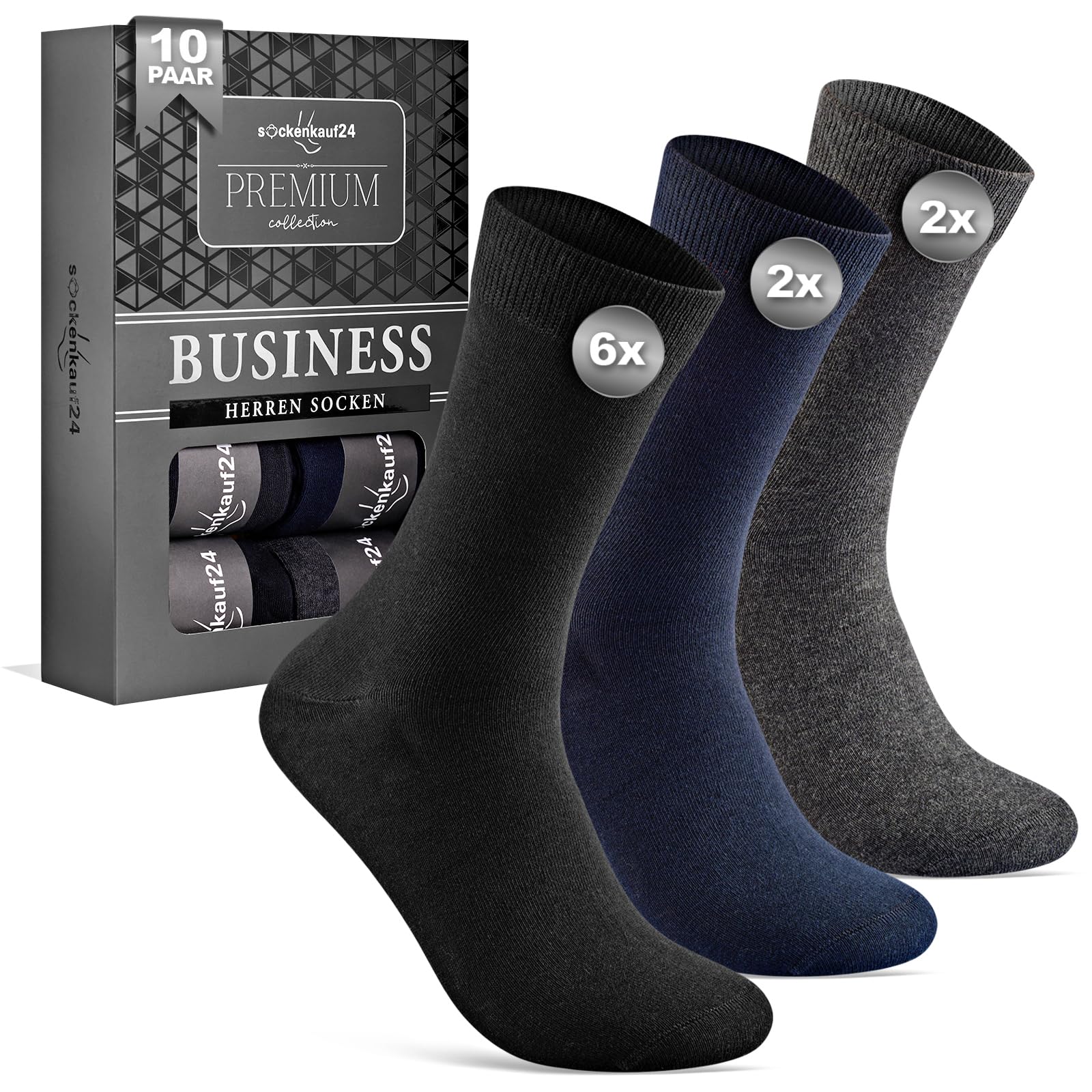 10 Pairs Men's Business Socks Made of Breathable Cotton without Pressing Seam, Suit Socks (6 x Black, 2 x Grey, 2 x Navy Blue)