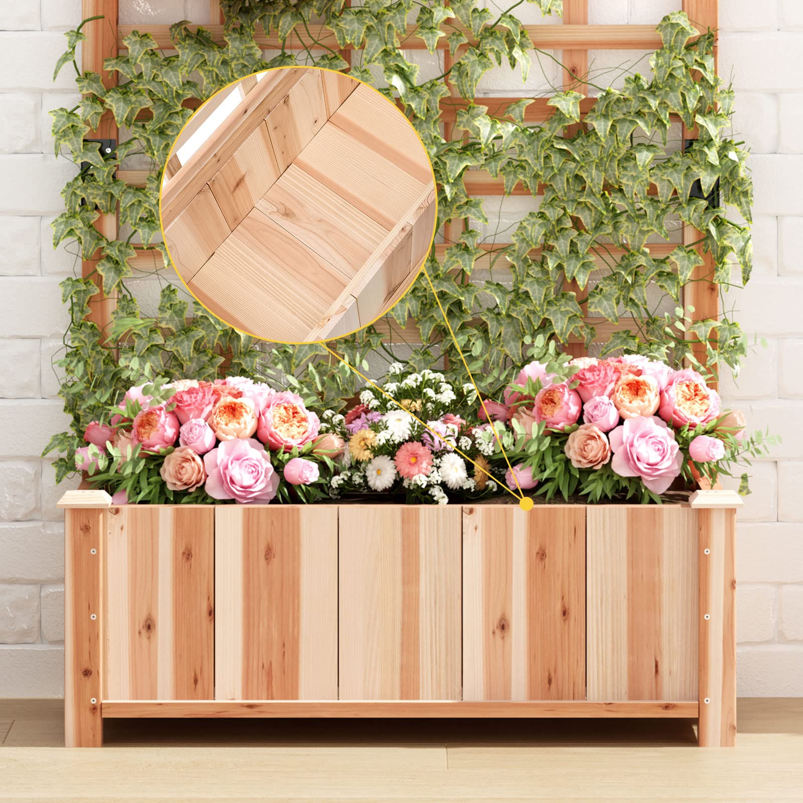 soges Blumenkasten mit Rankgitter, Pflanzkasten mit Spalier & Entwässerungslöchern, Natur Rankkasten Holz, Gartenspalier für Kletterpflanzen, Gartenbeet für Balkon Terrasse, 90×40×151 cm