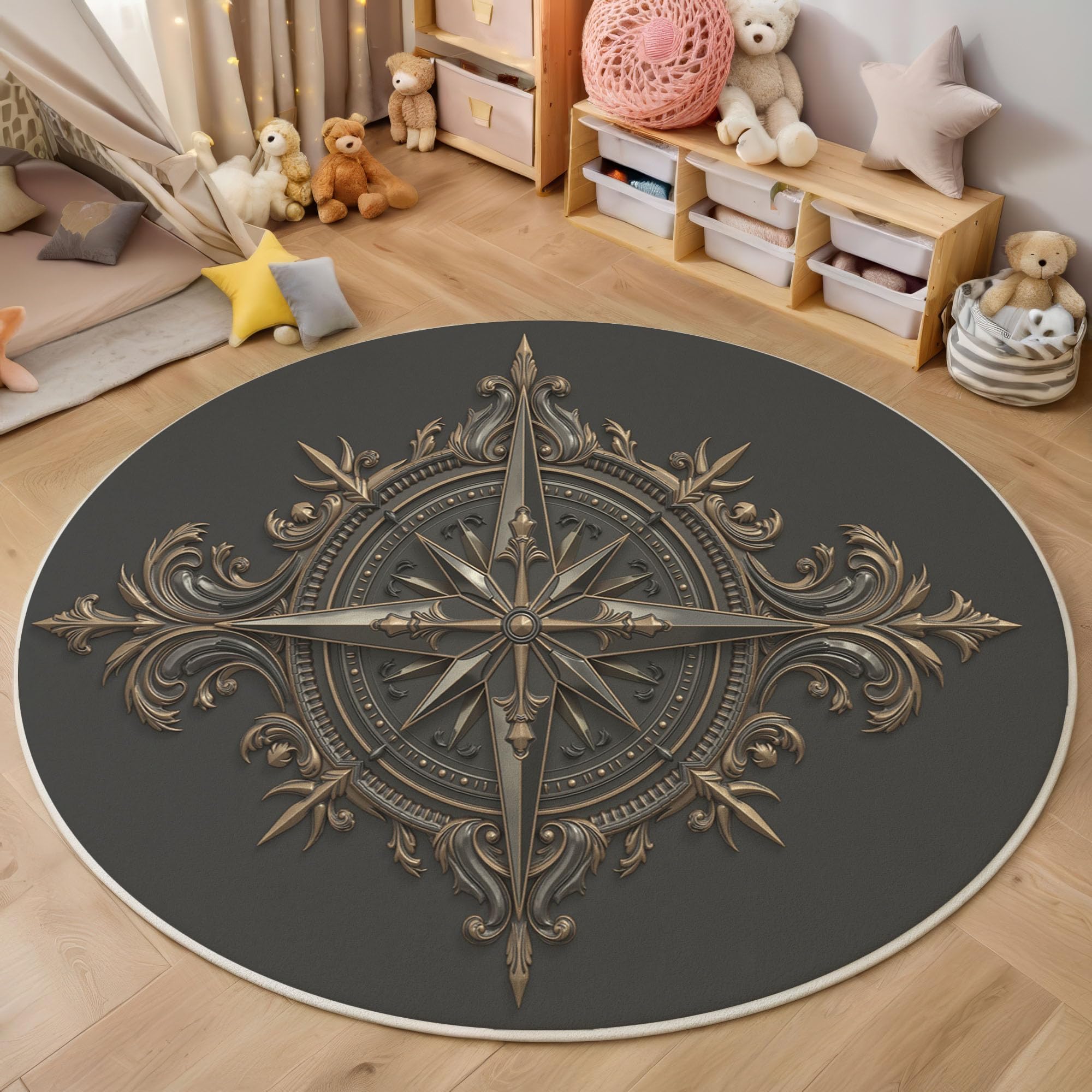 Tapis rond rococo gris argenté lavable en machine antidérapant