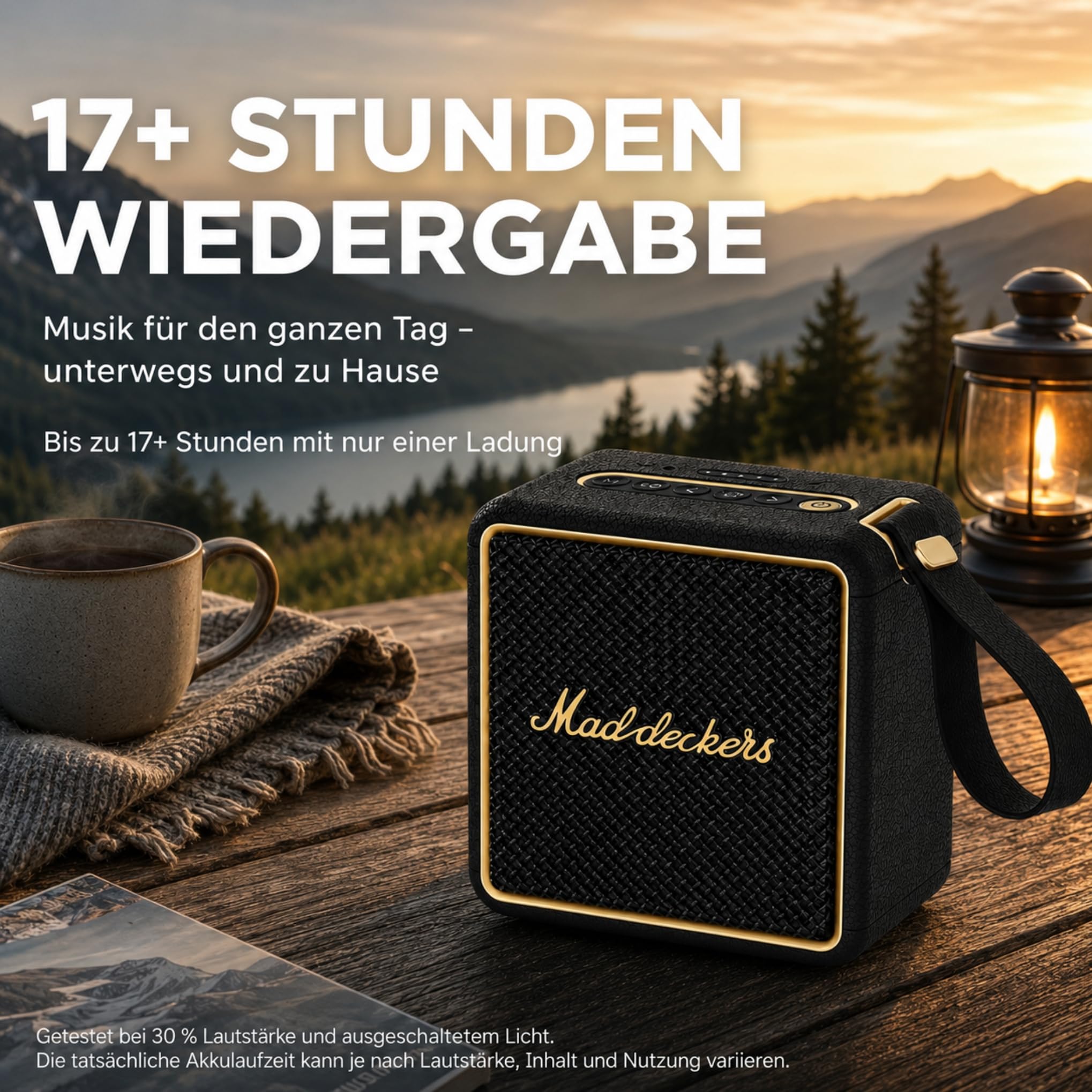 MG II Bluetooth Lautsprecher, 24W RMS Dauerleistung, Bluetooth 6.0, DSP Klang, IP67 Wasserdicht & Staubdicht, 17H+ Akku, RGB Licht, TWS Stereo, 3 EQ-Modi, Type-C Laden, AUX/TF/USB, Schwarz & Messing