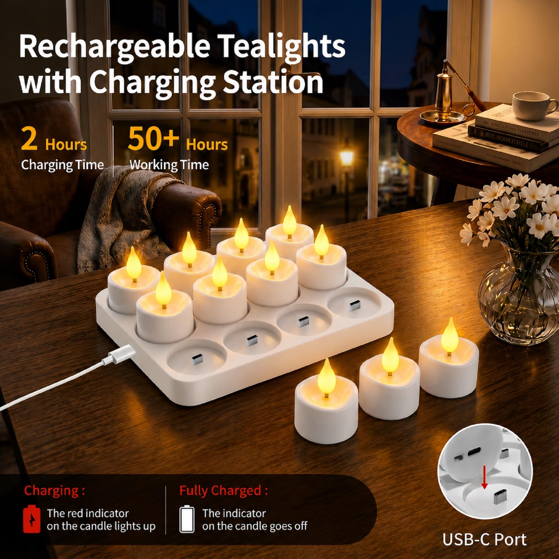 12 Unidades Velas LED Recargables con Mando y Temporizador, Luz Cálida Regulable, Velas Eléctricas Parpadeantes con Estación de Carga para Bodas, Fiestas, Salón, Navidad y Decoración del Hogar