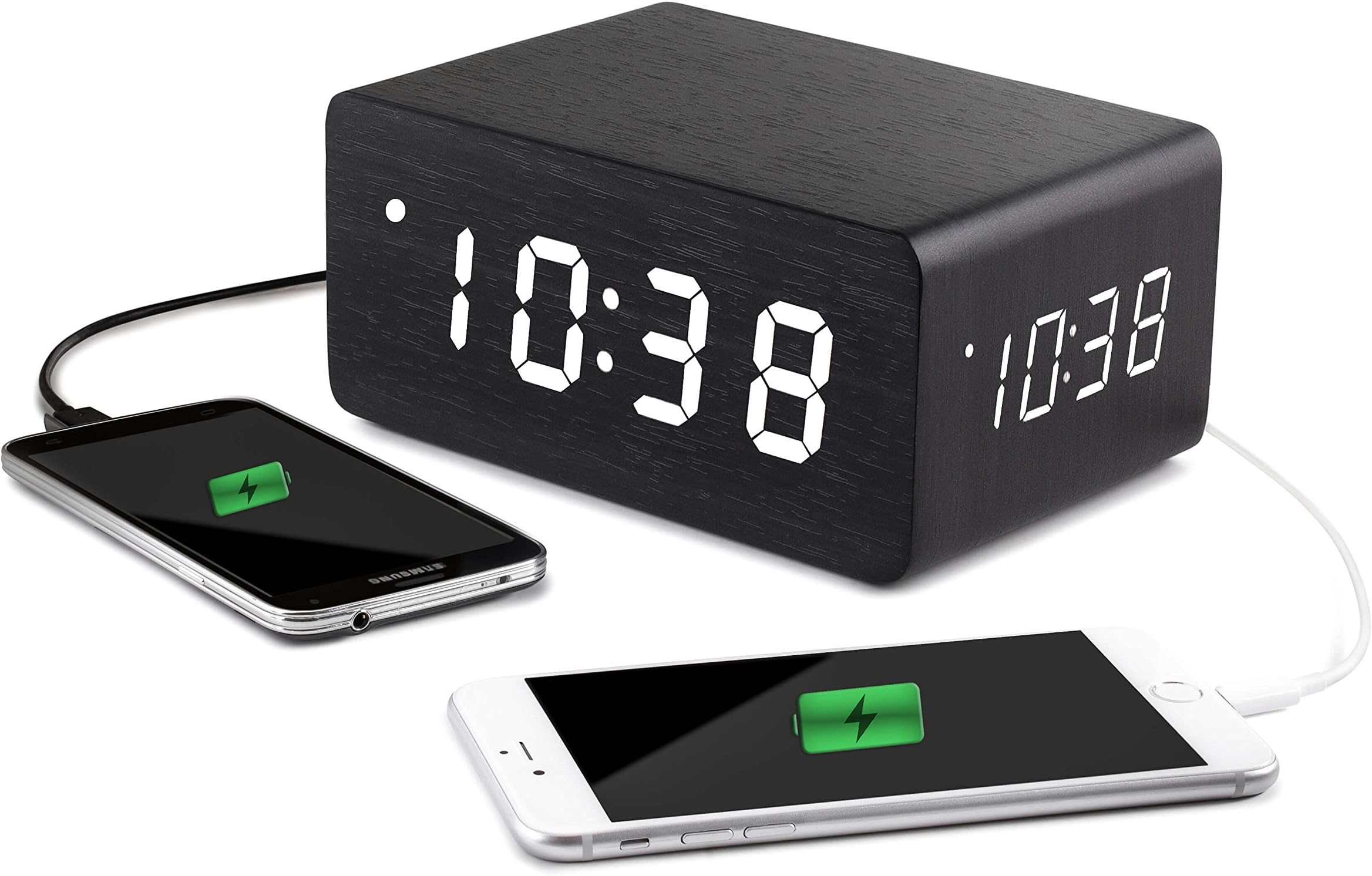 Triple Display Digital Alarm Clock Large White LED Display - Dual USB Charging Ports, Dimmable, Multiple Loud Alarms, Shows Date & Temperature Battery Backup - Sleek Modern Design Great Gift!