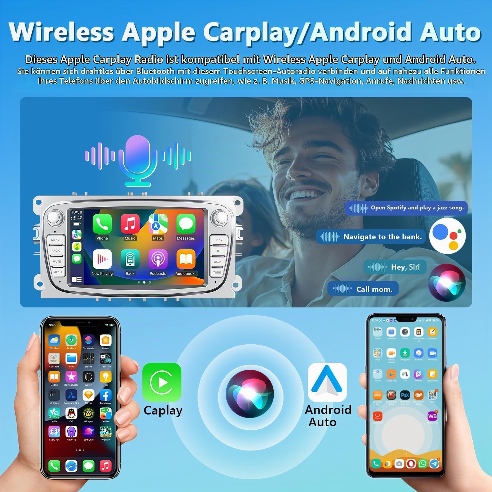 Wireless Carplay Autoradio für Ford Focus II S-Max Mondeo Galaxy II, 9" 2+64G Android Car Radio with Android Auto/Touch Screen/Bluetooth/GPS/SWC/WiFi/Mirror Link/FM/RDS + Rückenkamera