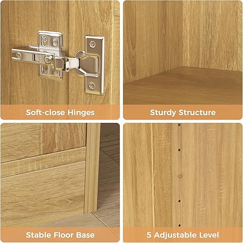 Miniatura 3 de JASIWAY Armario de almacenamiento, armario de almacenamiento de baño con 4 puertas, estante ajustable, armario de despensa, armario para sala de