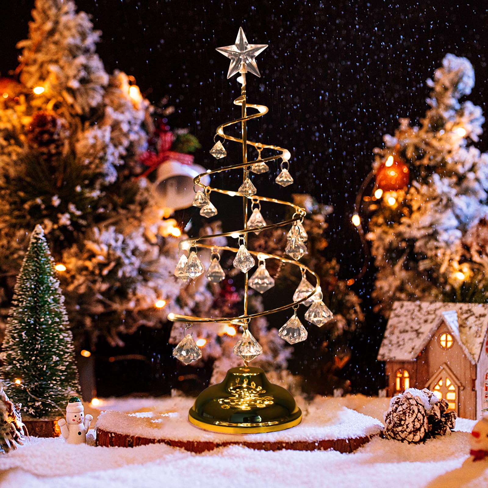 Lampki choinkowe z kryształami 33 cm, dekoracja stołu, lampa choinkowa z diodami LED i kryształowym wisiorkiem, dekoracja na biurko, do domu, na wesele, przyjęcie, dekoracja zimowa (złota)