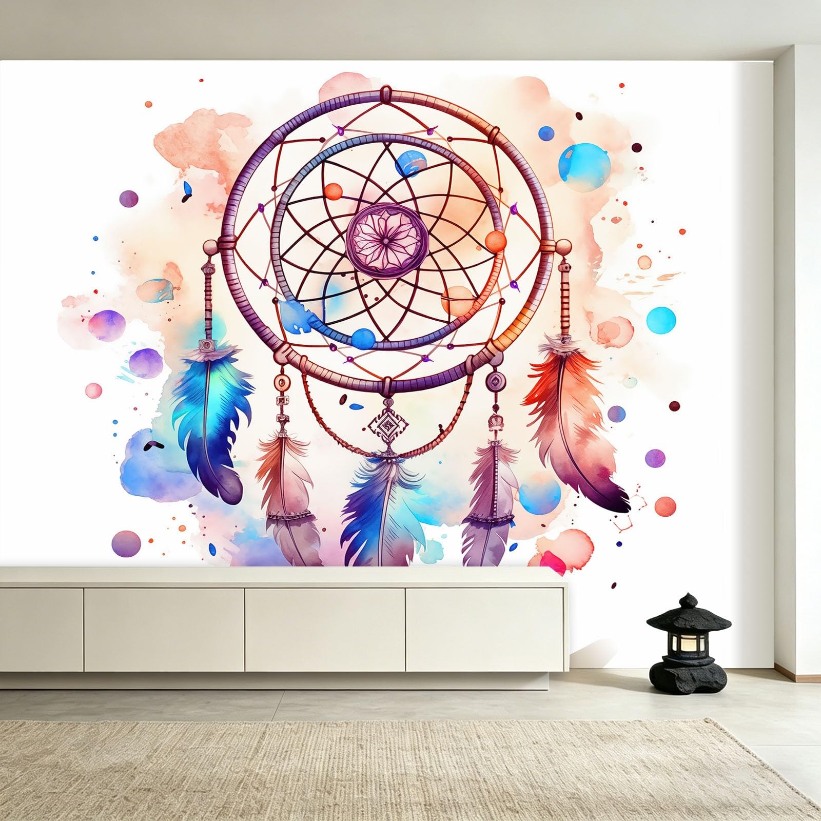 Vlies Fototapete Federn Traumfänger 300 x 210 cm, Aquarell Traumfänger Fototapeten Hochwertige Wanddekoration Wandtapete - Tapeten für Wohnzimmer Schlafzimmer Vliestapete Wandbild - exkl. Kleister