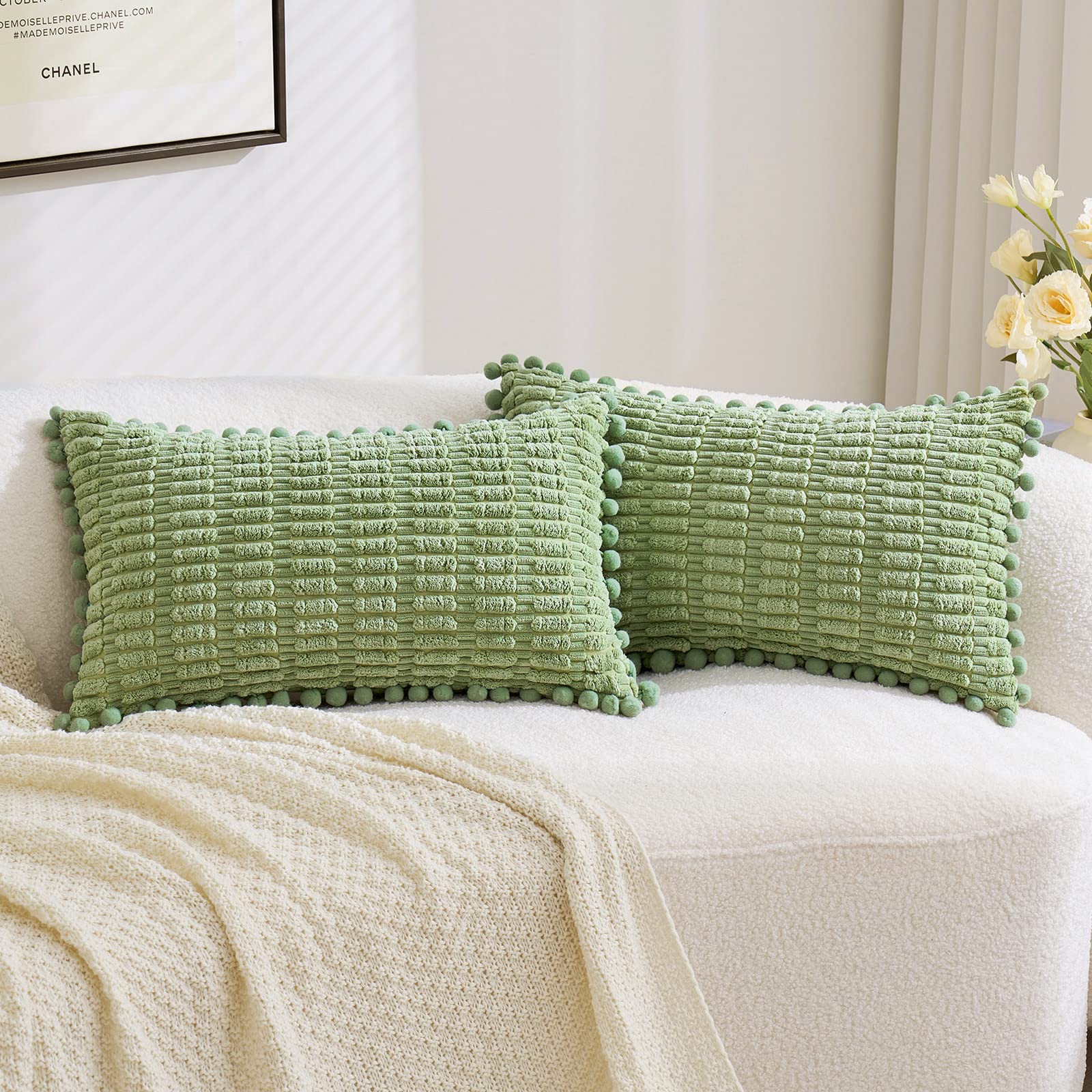 EMEMA Sage Green Decorative Throw Pillow Covers Corduroy 12x20 Inch Set of 2 Boho Striped Pom-poms Soft Modern Farmhouse Home Decor for Decoration Couch Sofa Bed Living Room