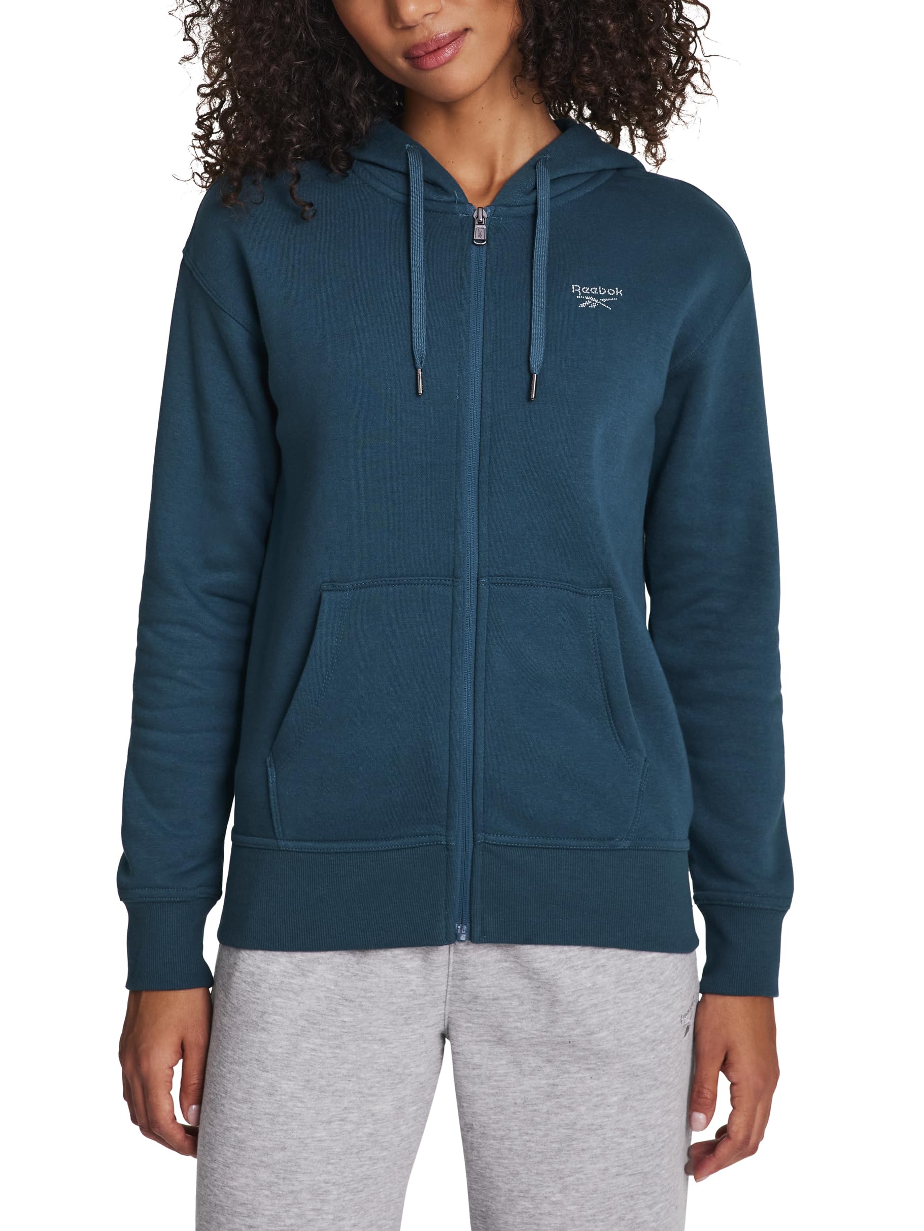 Reebok Womens Rhinestone Full-zip Hoodie Standard Fit Midweight Cotton-poly Fabric