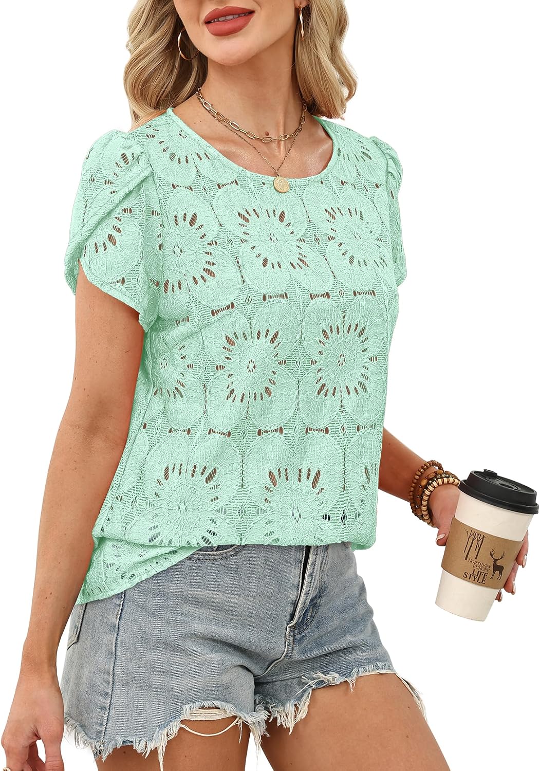 OFEEFAN Blouses for Women Dressy Casual Petal Short Sleeve Shirts Crochet Lace Boho Tops Spring Fashion Summer Outfits thumbnail