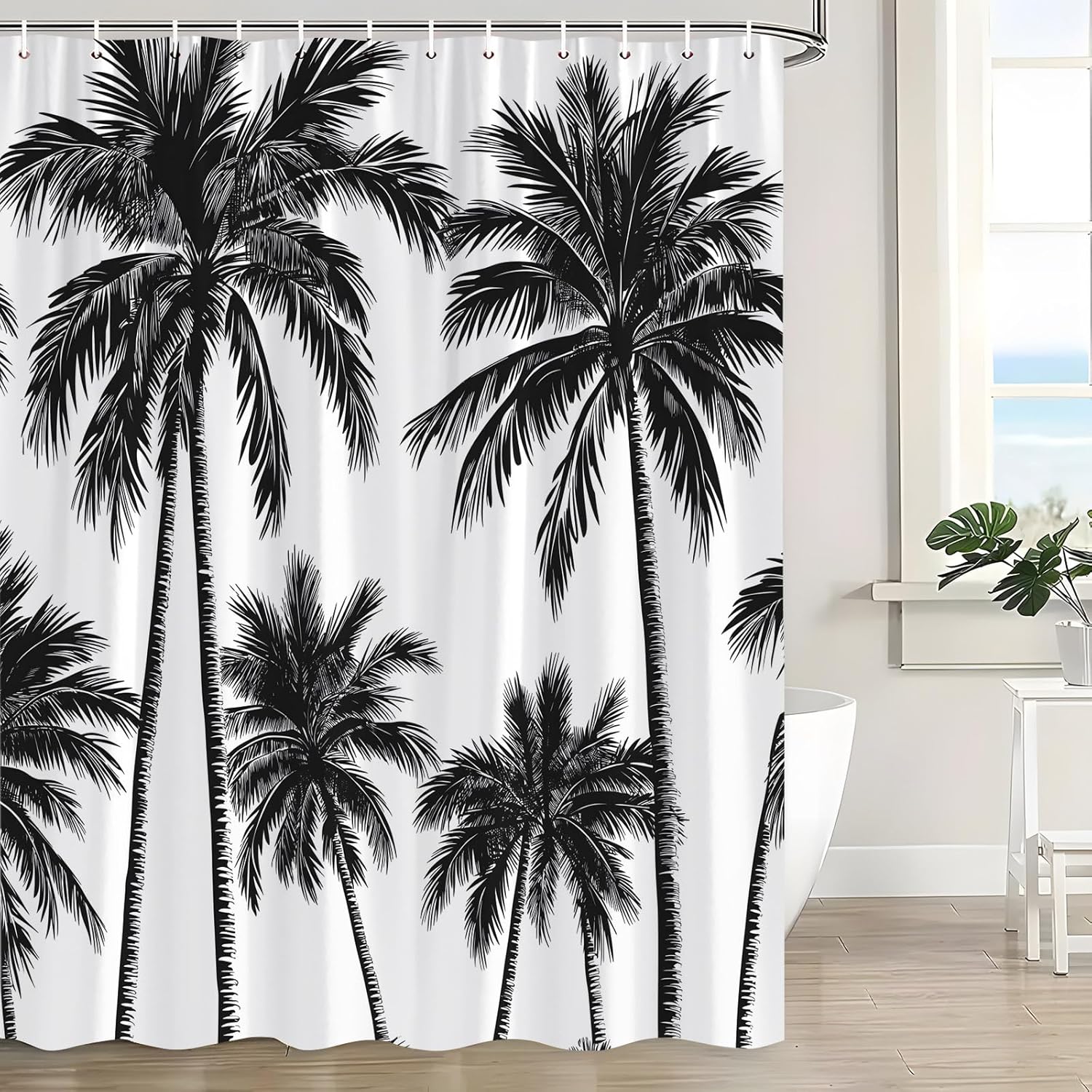 Palm Tree Shower Curtain Black White Beach Tropical Exotic Plant Silhouette Ocean Hawaii Nature Modern Minimalist Bath Decor Curtain with Hooks, 70x84 Inch