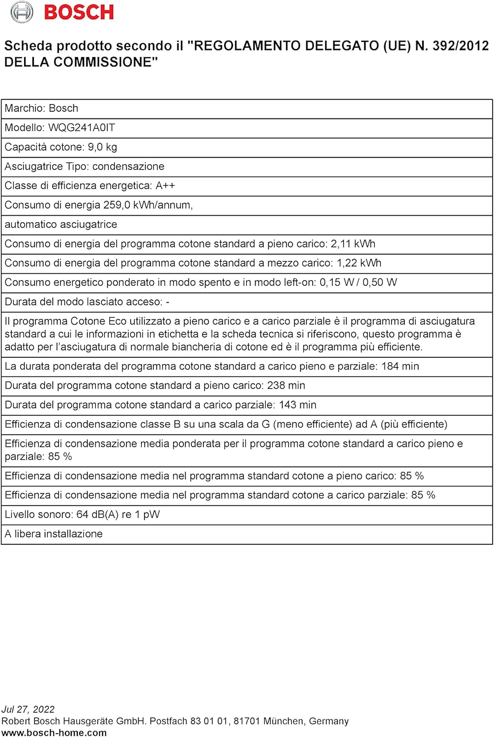 Bosch Elettrodomestici, Serie 6, Asciugatrice a pompa di calore, 9 kg WQG241A0IT [Classe di efficienza energetica A]
