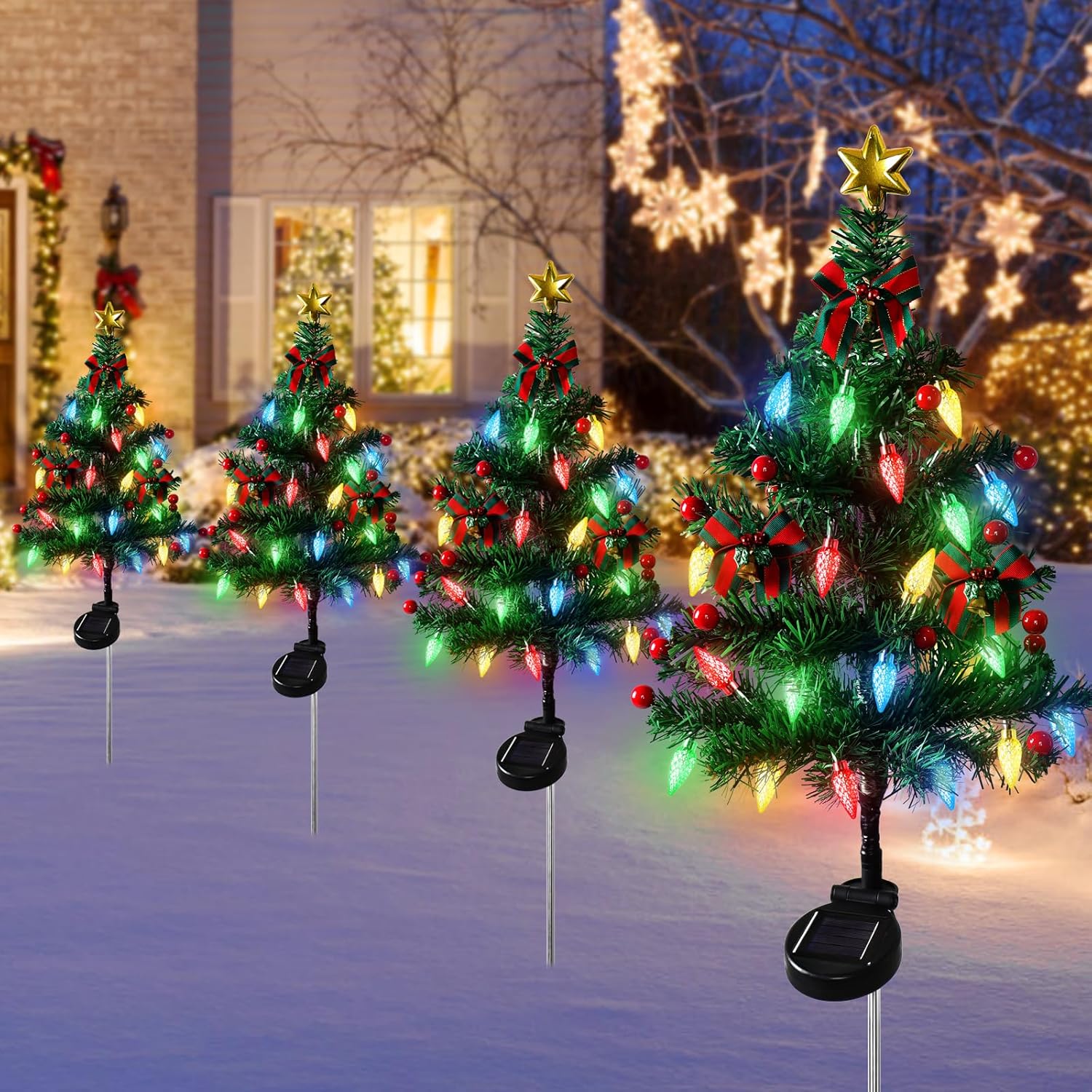 TOCHGREEN 4 Packs Solar Prelit Christmas Tree with 80LED C6 Lights,8