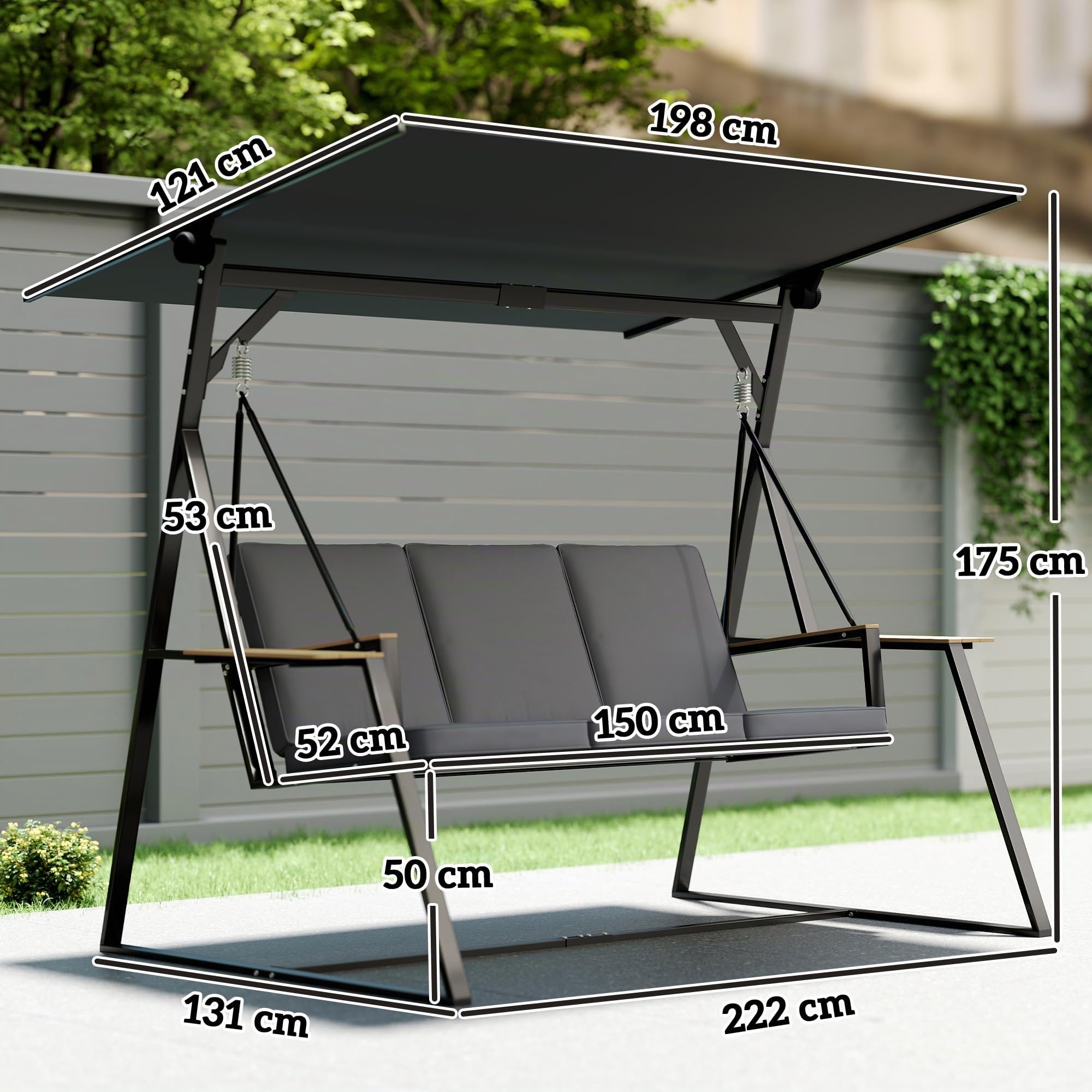 Outsunny 3-Sitzer Hollywoodschaukel mit Verstellbarem Dach 360 kg Grau | Gartenschaukel, Kissen, Getränkeablagen, Stahlrahmen, für Terrasse, Veranda