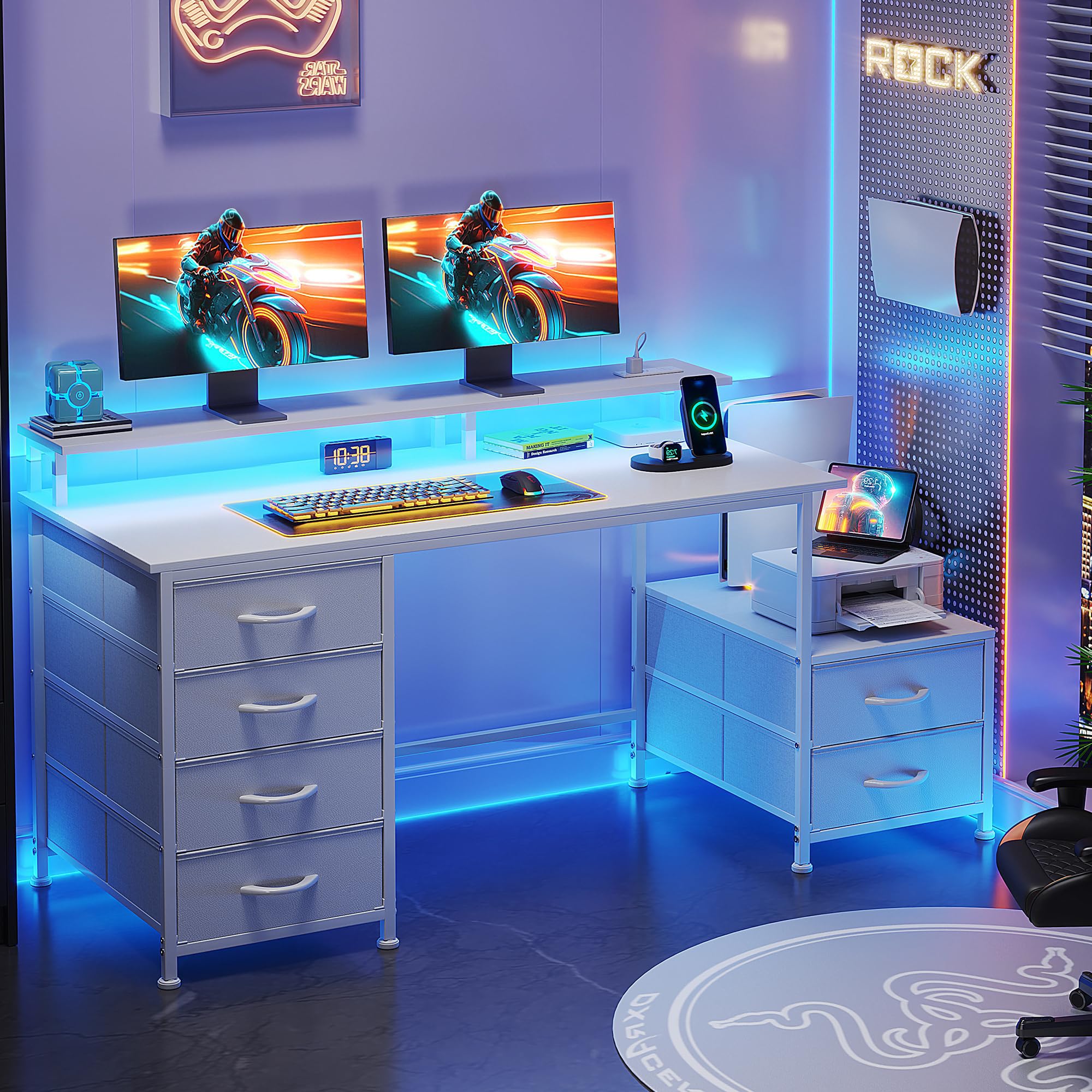 Scrivania da 128 cm con schedario in tessuto, scrivania per computer con ripiani e cassetti, tavolo da scrittura con supporto per monitor, tavolo da studio postazione di lavoro per casa e