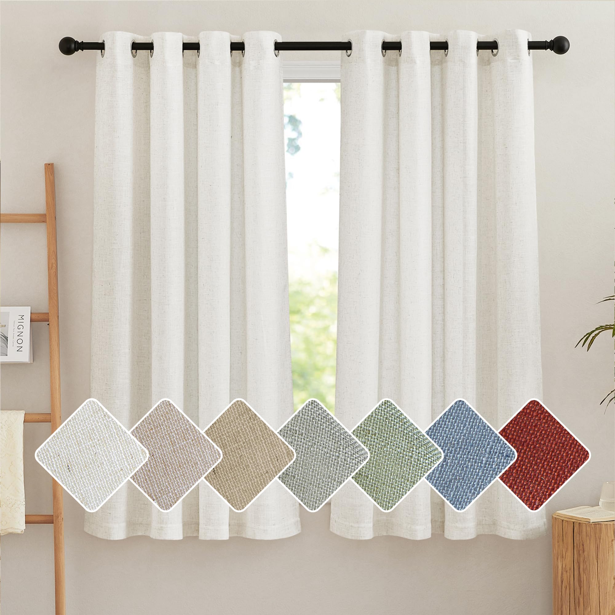 PONY DANCE Cortinas Cortas para Ventanas Cortinas Lino Translúcidas Cortinas para Cocina/Dormitorio Cortinas Boho con Ojales 2 Piezas, 140x145cm(AnchoxAlto), Crema