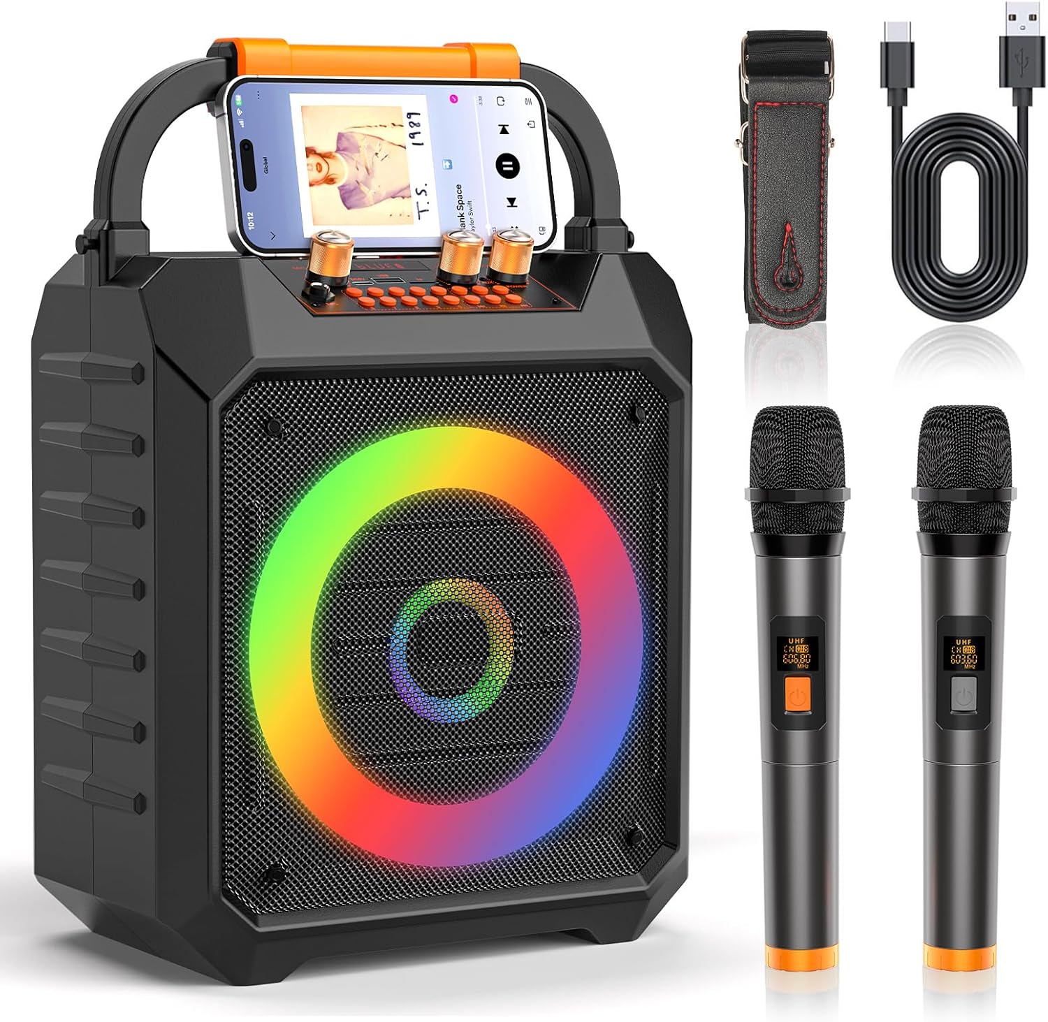 Karaoke Machine JUNGLE MONSTER 30W Karaoke Machine for Adults,Portable Karaoke Speaker with 2 Wireless Microphones, LED Lights Speaker with Microphone, Supports TF/SD/USB, AUX in, FM, REC for Party