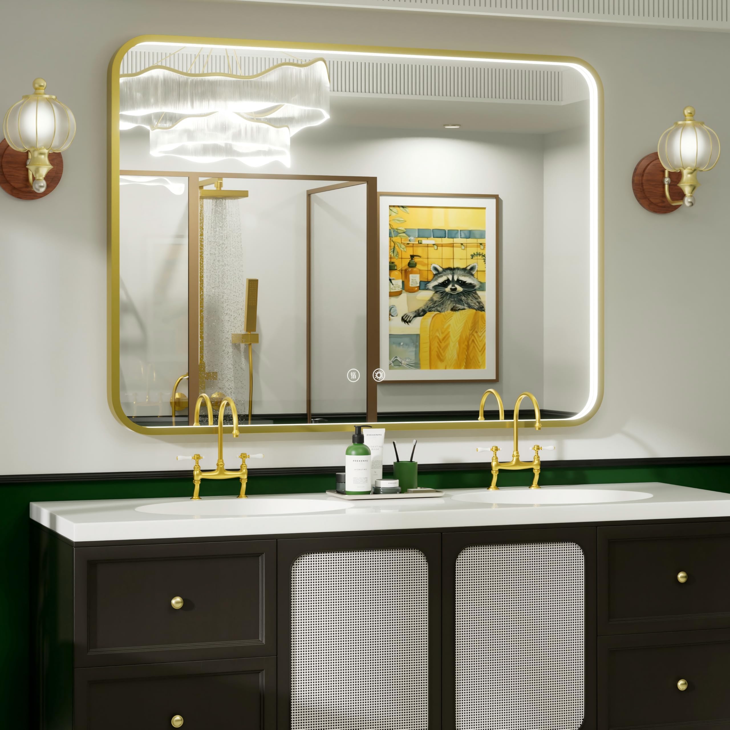 48x36 Inch Gold LED Bathroom Mirror with Lights, 3000K/4500K/6000K, Wall Mounted Lighted Vanity Mirrors for Bathroom, Memory Funtion, Stepless Dimmable, Anti-Fog, Horizontal/Vertical