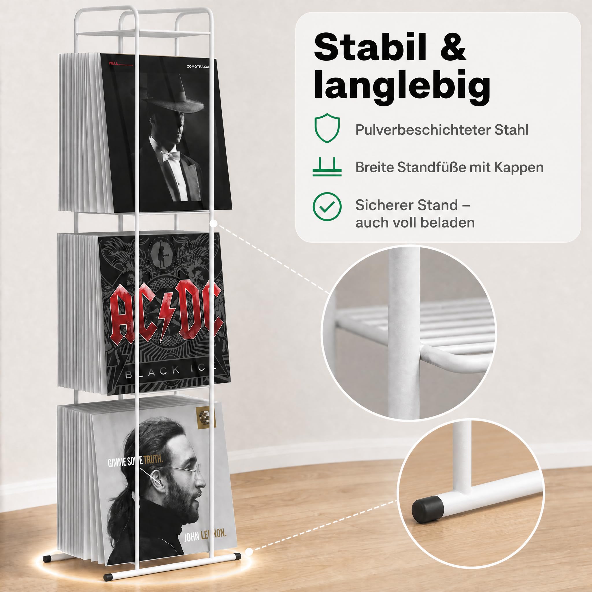 Zomo VS-Rack Vinya 150 Schallplattenständer – 300 x 190 x 1155 mm - Weiß - 3 Ebenen Vinylregal aus Stahl – Design LP Standregal für bis zu 150 Schallplatten
