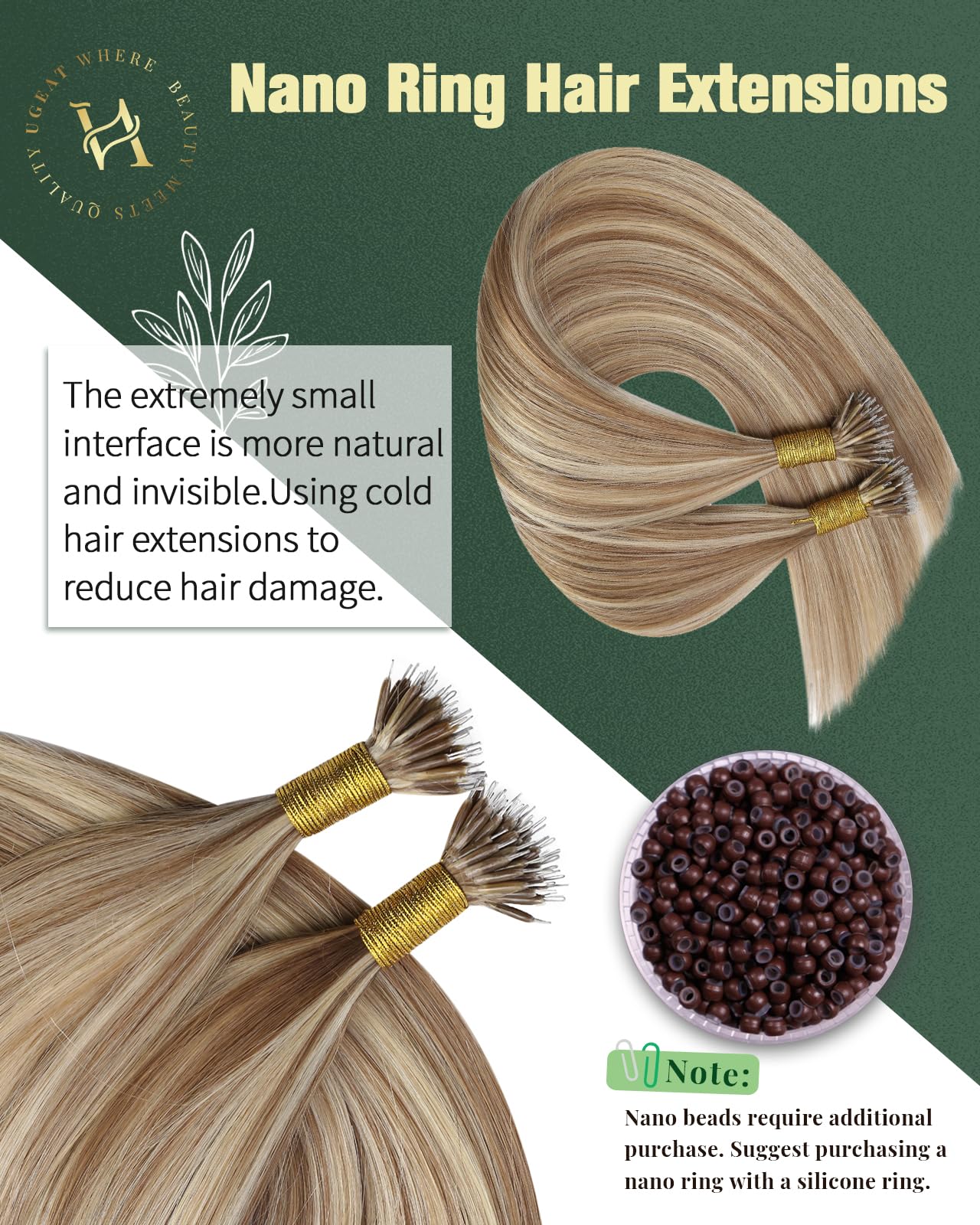 Ugeat Extensions Echthaar Nanoring Goldbraun Highlights 55 cm Extensions Echthaar Nano Highlights Blond Nano Bondings Platinblond 50g 50Strähnen P10/613
