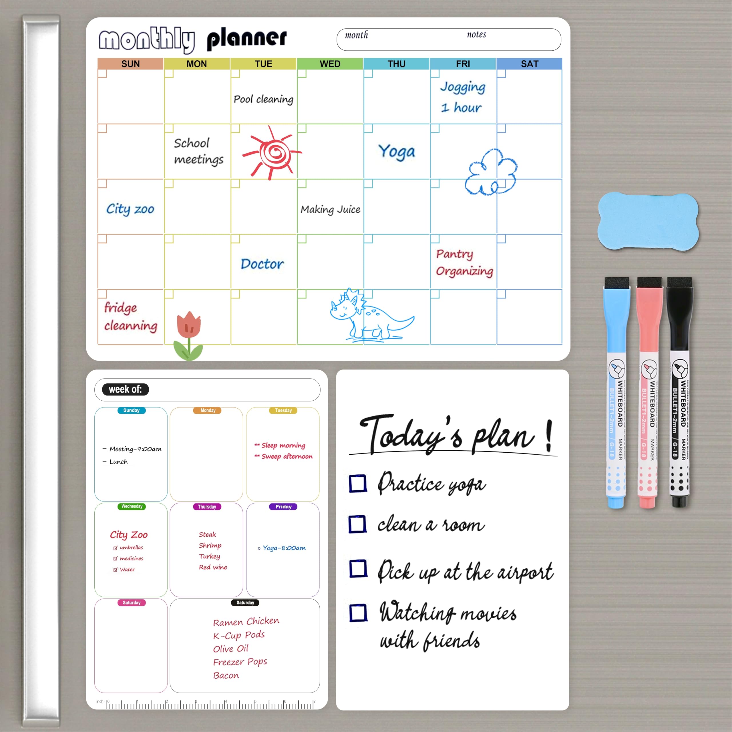 Awaydol Magnetic Dry Erase Calendar Whiteboard Set (3-Pack) for Fridge, Wall, and Refrigerator Organization – Monthly, Weekly Planners with 3Markers