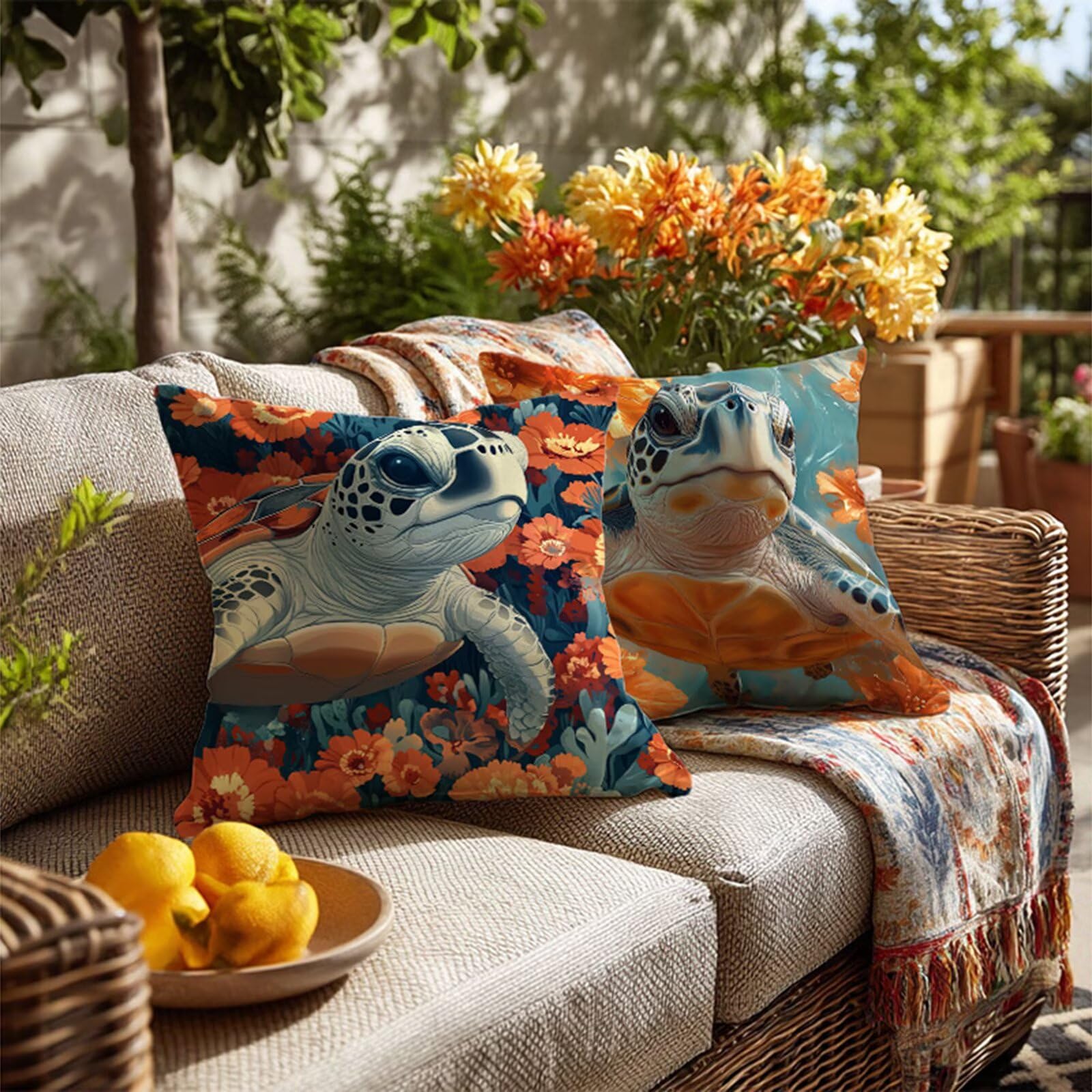 Outdoor Kissen Wasserfest Blume Kissenbezug 80x80 2er Set Quadrat Samt Outdoorkissen Schildkröte Sofakissen Outdoor Dekokissen mit Verstecktem Reißverschluss für Patio Garten Bank Balkon Dekor JX-571