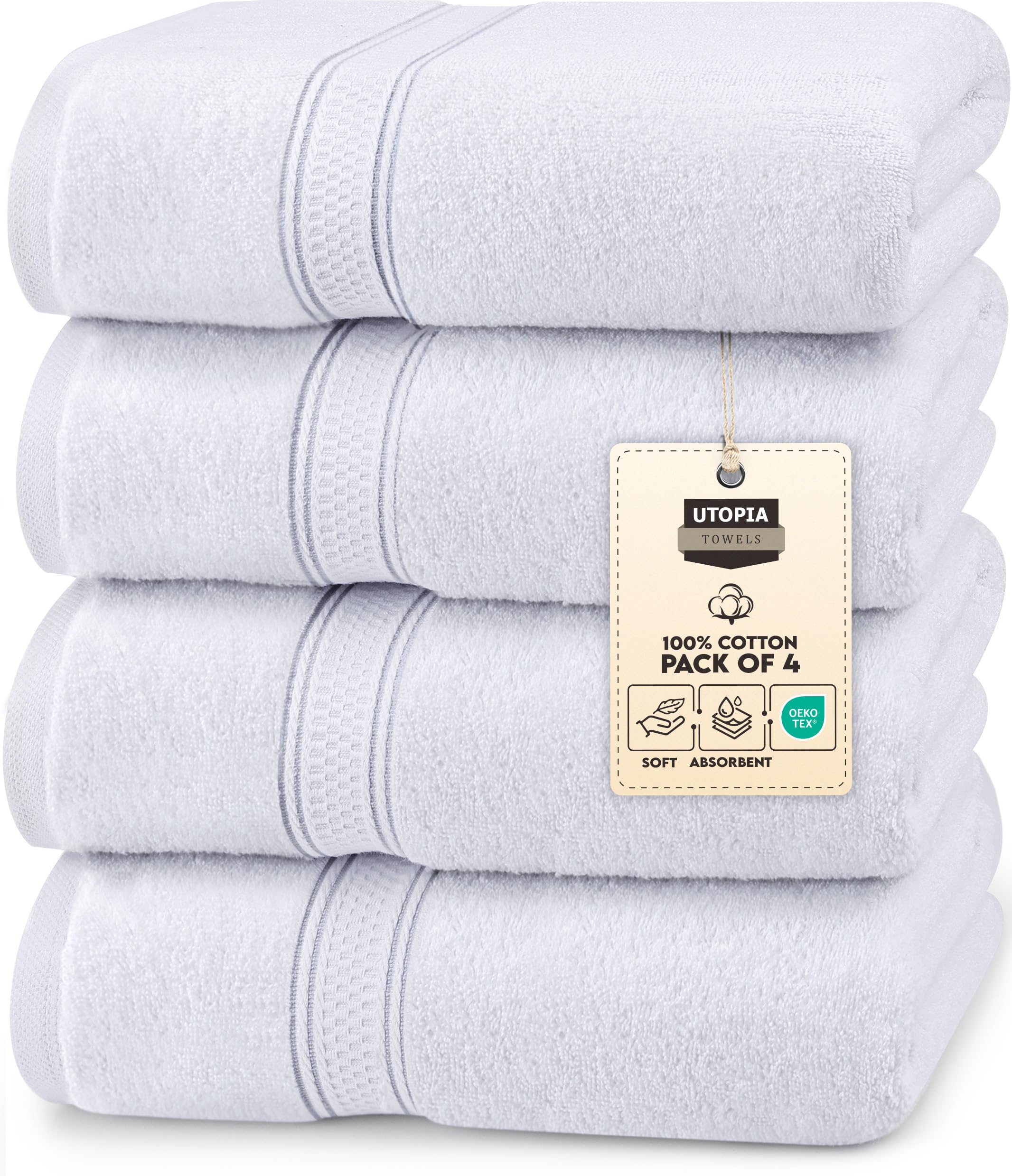 Utopia Towels 4 Pack Premium Bath Towels Set, 27 by 54 Inches, 100% Ring Spun Cotton 600GSM, Lightweight and Highly Absorbent Quick Drying Towels, Perfect for Daily Use, WhiteOEKO-TEX STANDARD 100