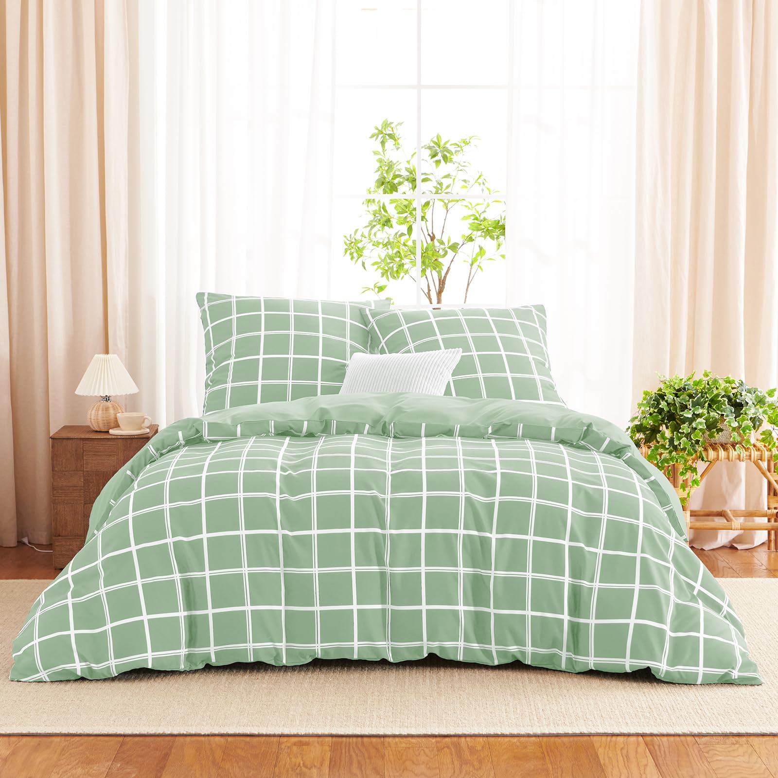 WAVVE Bettwäsche 155x220 3teilig Bettbezug Mikrofaser Bettwäsche-Sets 155 x 220 cm mit 2 Kissenbezüge 80x80cm, ÖKO-TEX, Wendebettwäsche Bedding grün Karomuster Muster mit Reißverschluss
