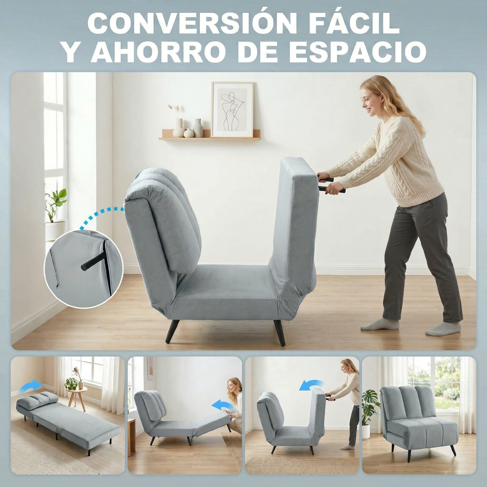 HOMCOM Sofá Cama de 1 Plaza 3 en 1, Sofá Cama Plegable Tapizado en Terciopelo con Respaldo Ajustable en 3 Niveles, Cojín Grueso para Dormitorio, Salón, Oficina, Fácil Montaje, 72x88x87 cm, Gris