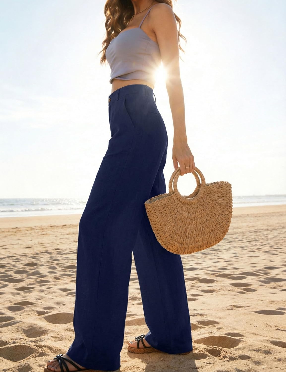 Hooever Womens Casual High Waisted Wide Leg Pants Button Up Straight Leg Trousers - Image 6