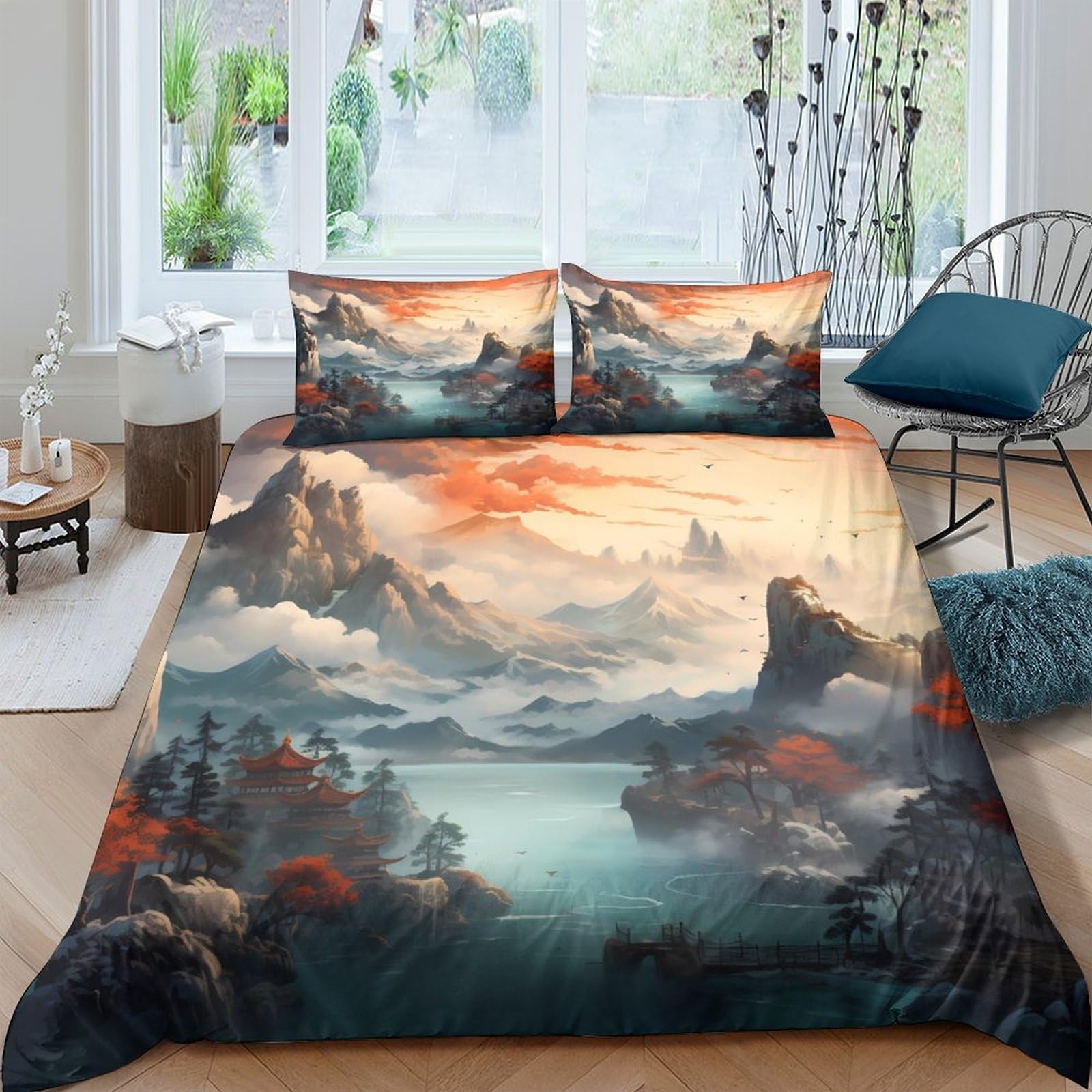 Ctjqhvkz Style-6 3D Printed Mountain Landscape Fitted Sheet Microfiber Soft Breathable Misty Lake Mattress Cover For Bedroom Decor Single（135X200cm）