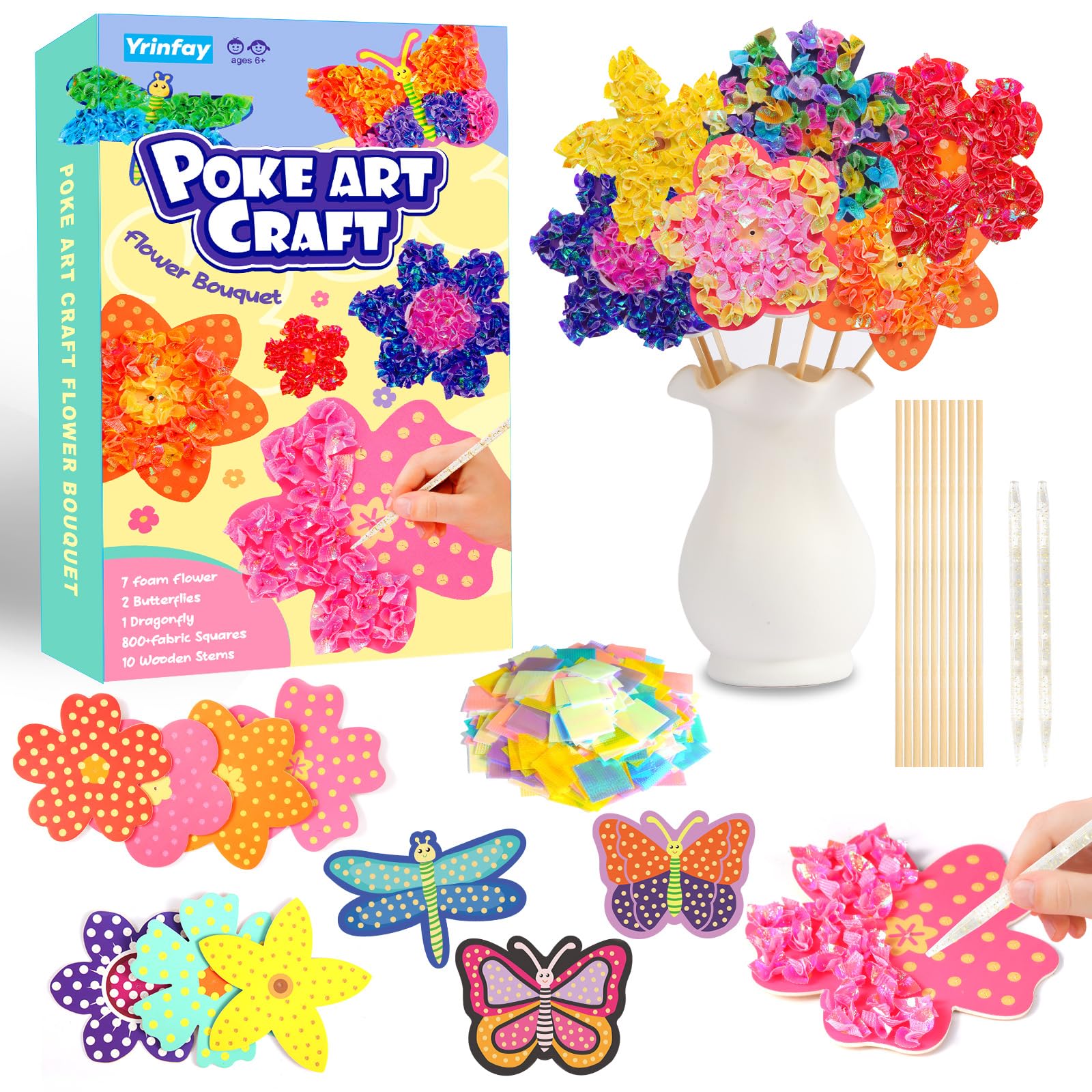 Yrinfay Poke Art Basteln Kinder - DIY 7 Blumen & 2 Schmetterlinge & 1 Libelle - Blumen Bastelset Spielspielzeug für Mädchen 6 7 8 - Geschenk Mädchen Junge 9 10 11 12 Jahre