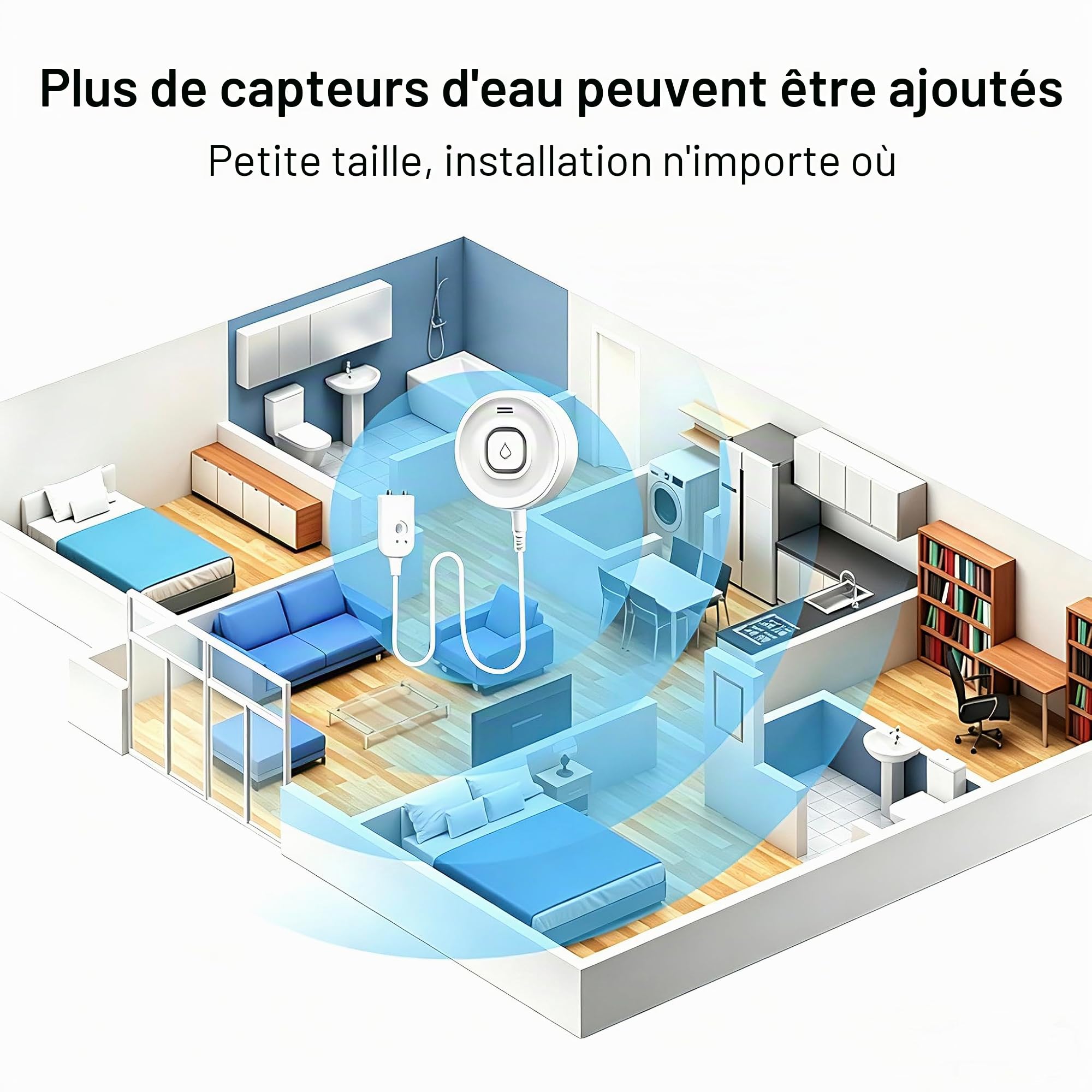 Détecteur de Fuite d'eau WiFi Intelligent avec Alarme 100dB et Notifications app, capteur pour Cuisine, Salle de Bain et Machine à Laver, 1 pièce