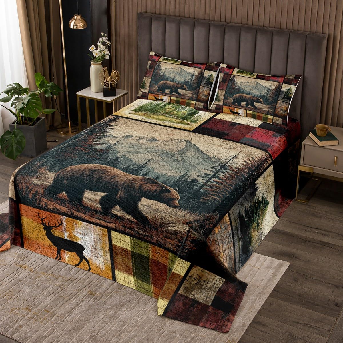 Couvre-Lit 260x240 en Tissu Confortable Motif Bois de Chasse pour Lit King Size