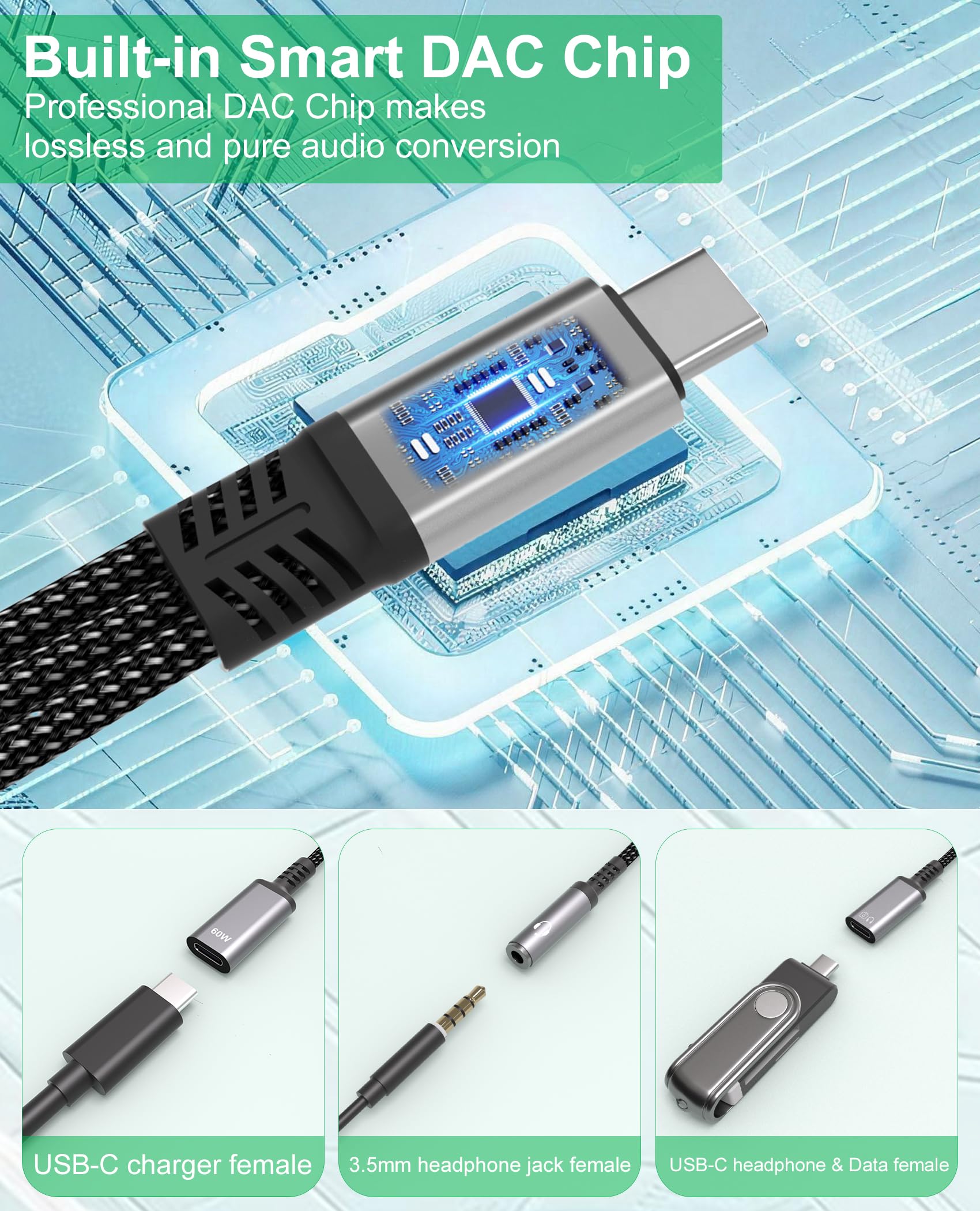 Adattatore USB C Splitter 1 in 3 Out USBC per cuffie con ricarica e dati da 60 W, da USB-C a cuffie da 3,5 mm e doppio splitter di tipo C, supporta ricarica rapida PD, dati, musica, chiamate per