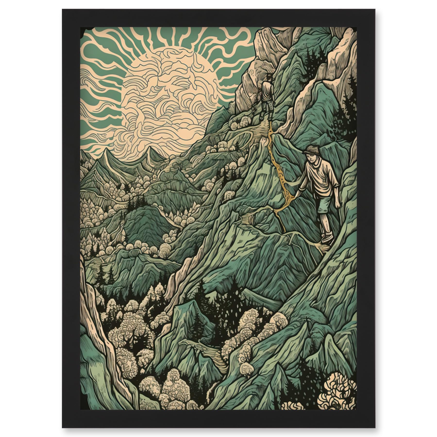 Artery8 Climb Every Mountain Hikers at Sunrise Linocut Artwork Framed Wall Art Print A4