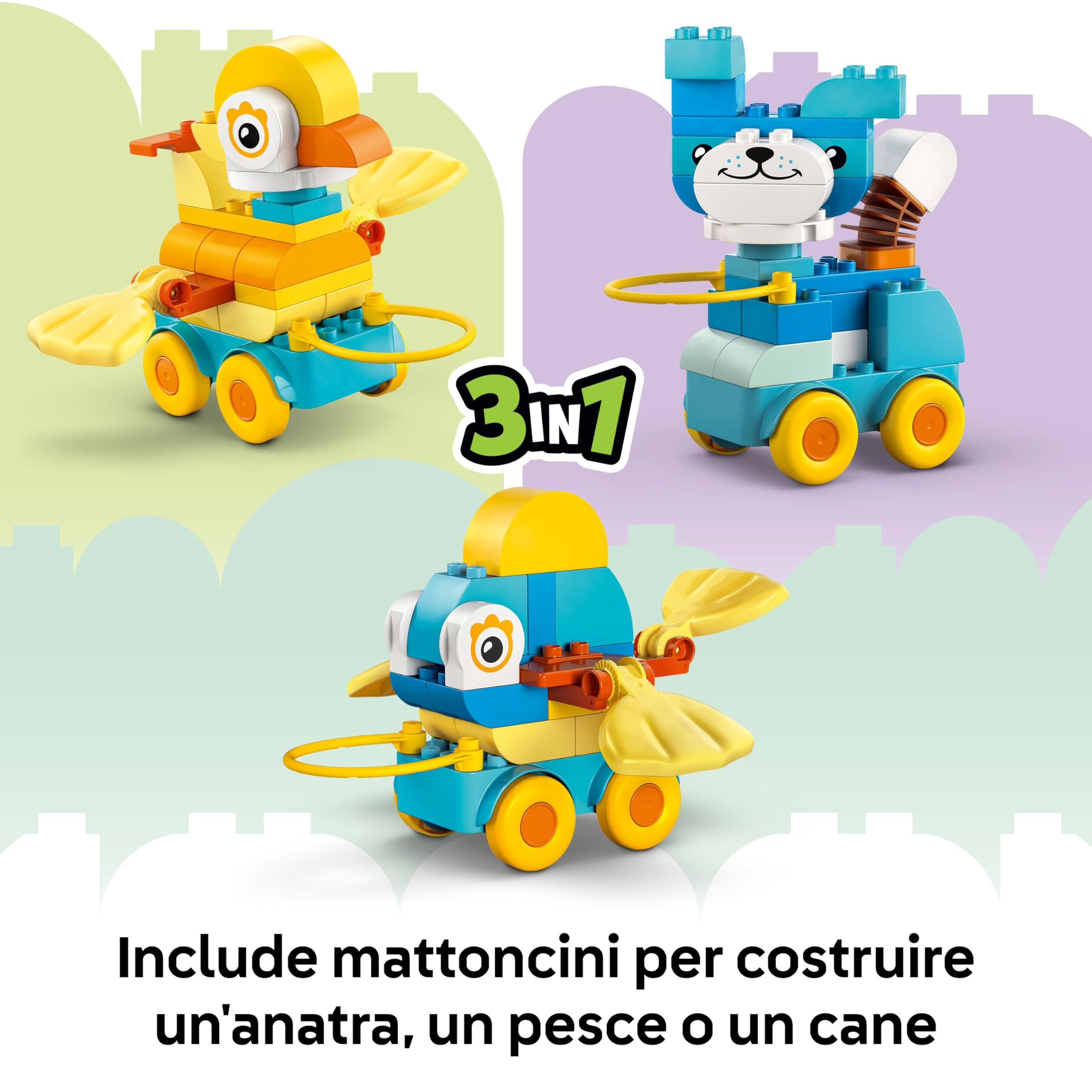 LEGO DUPLO Animali su Ruote 3 in 1 - Gioco Educativo in Mattoncini per Costruire un'Anatra o un Pesce o un Cane Giocattolo con Ruote e Maniglia - Regalo per Bambine e Bambini da 2 Anni in su - 10448