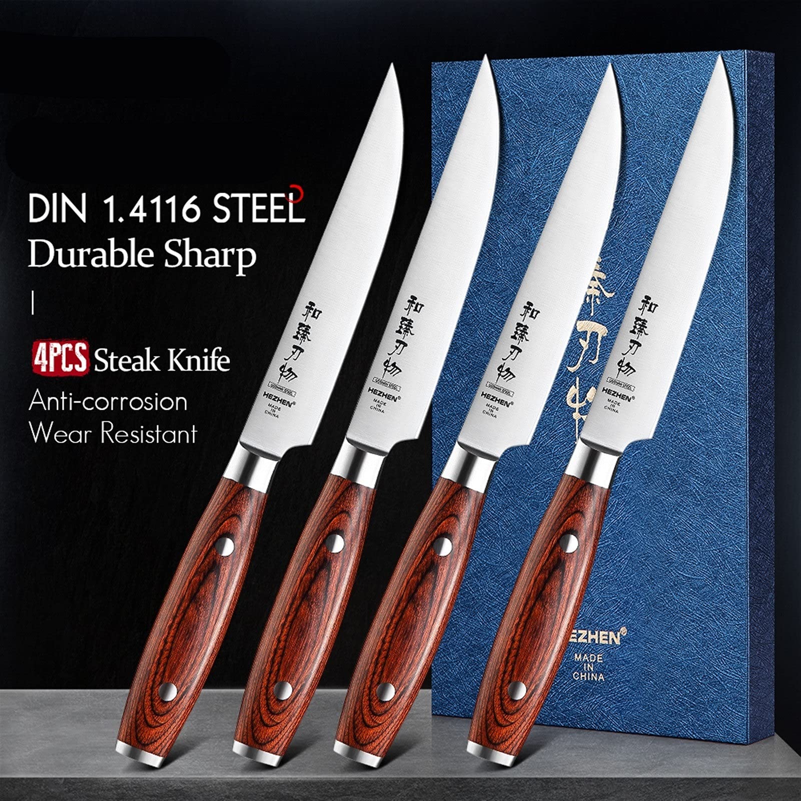 Set de cuchillas de carne de filete de 4pc de acero inoxidable maquinilla de afeitar cuchillas afiladas chef