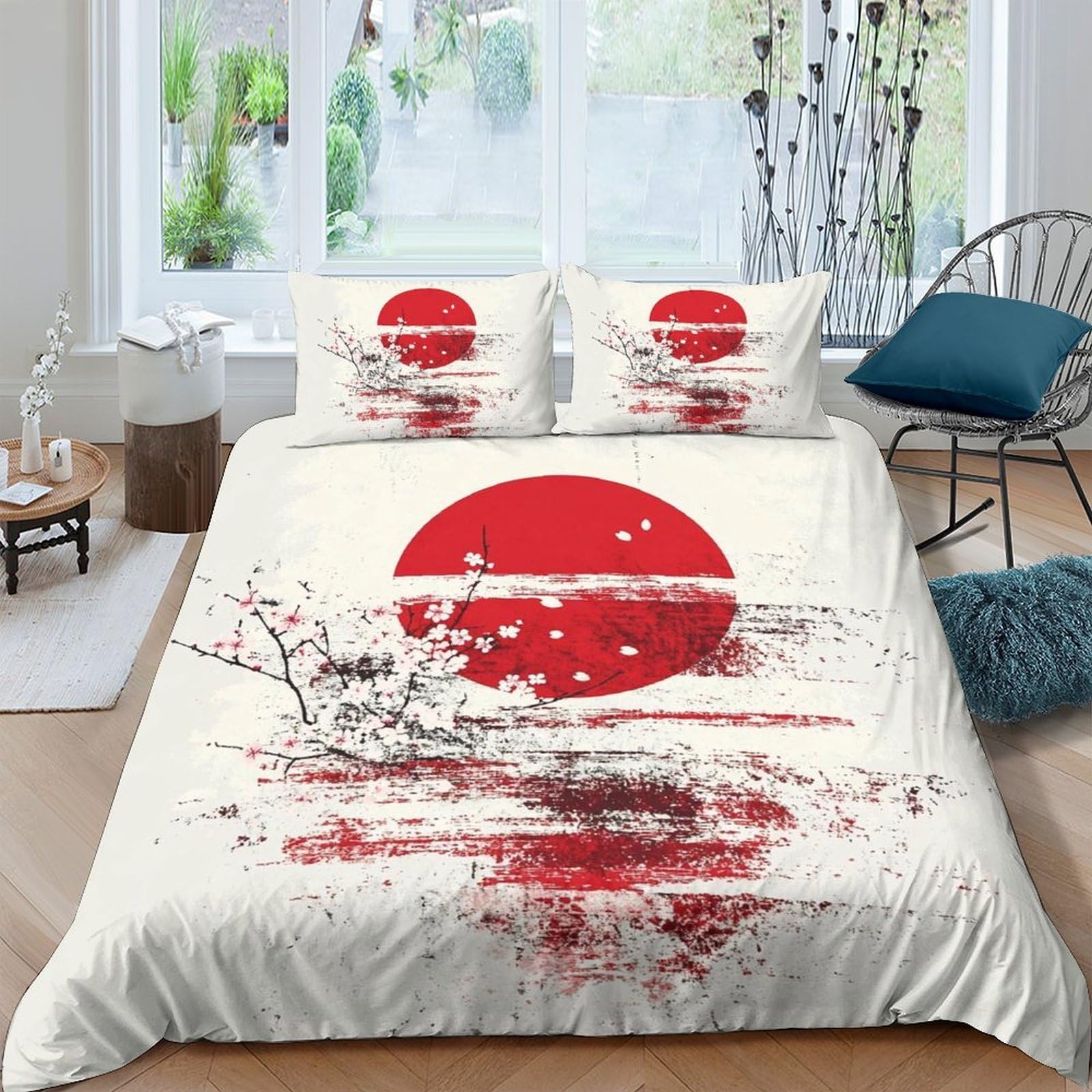 Ctjqhvkz Style-1 3D Printed Japanese Red Sun Fitted Sheet Microfiber Artistic Ink Landscape Bed Cover For Bedroom Dorm Decor Single（135X200cm）