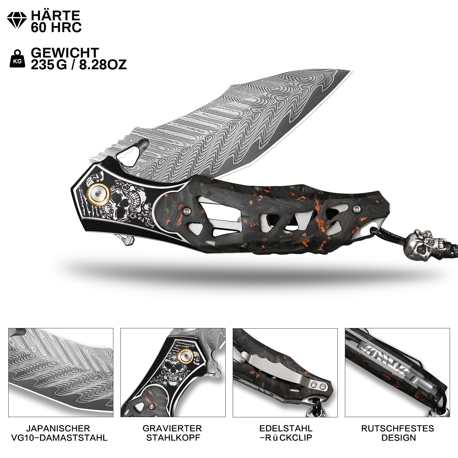Handmade Men's Folding Pocket Knife, 9" Damascus Steel Folding Knife, Includes a leather sheath, Dazzling Cool Skull pattern, Carbon fiber handle with copper foil integration, Ideal for expedition cam