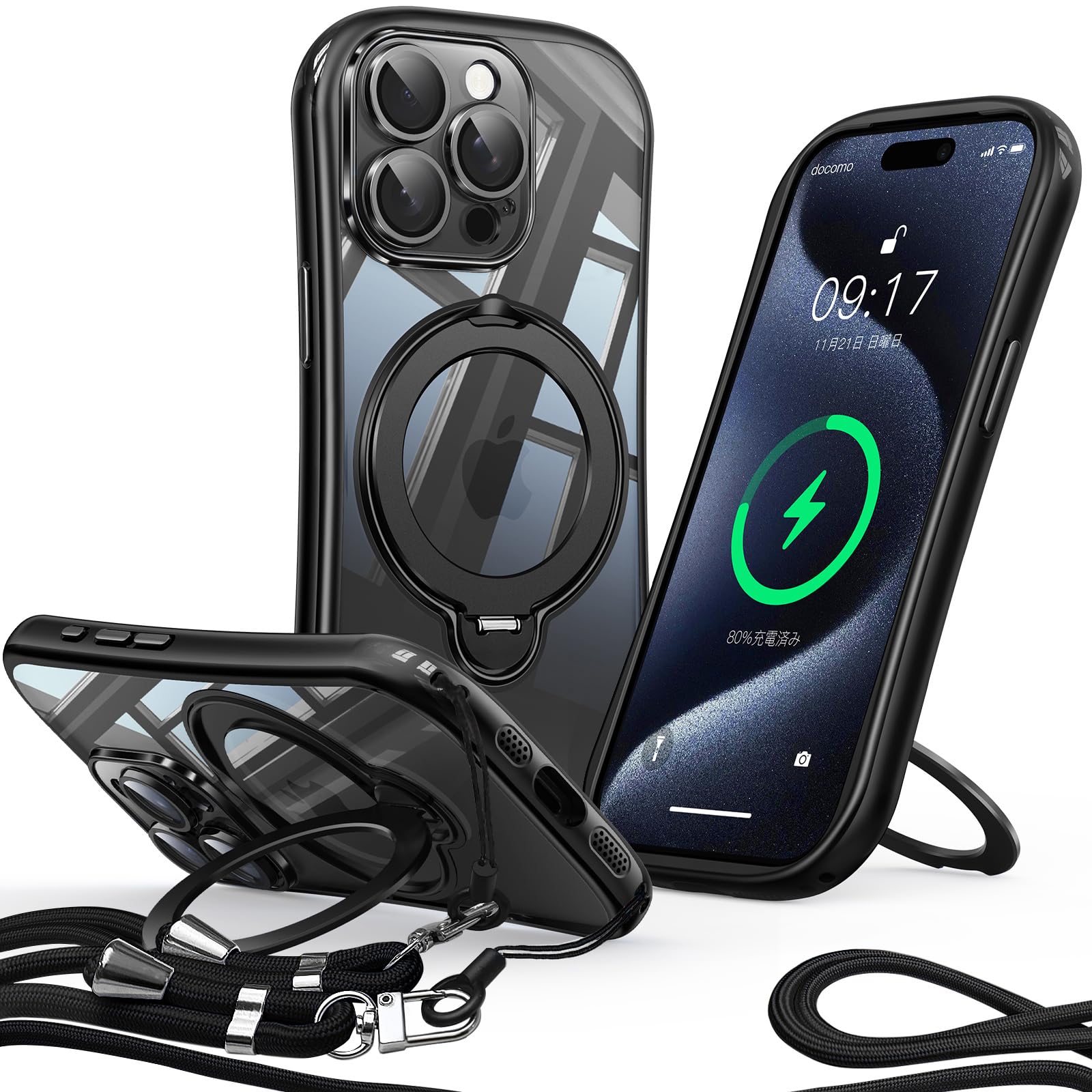 【多用途ショルダー・360°回転スタンド】Reukdnv iPhone 15 Pro Max 用 ケース Magsafe対応 肩がけ 首掛け 斜め掛け ストラップ 長さ調節可能 一体型レンズ保護 落下紛失防止 メッキバンパー リング 縦横両対応 マグネット搭載 黄変防止 ワイヤレス充電対応 耐衝撃 耐久性 マグセーフ対応 アイフォン15プロマックス 用 カバー 6.7インチ(ブラック)