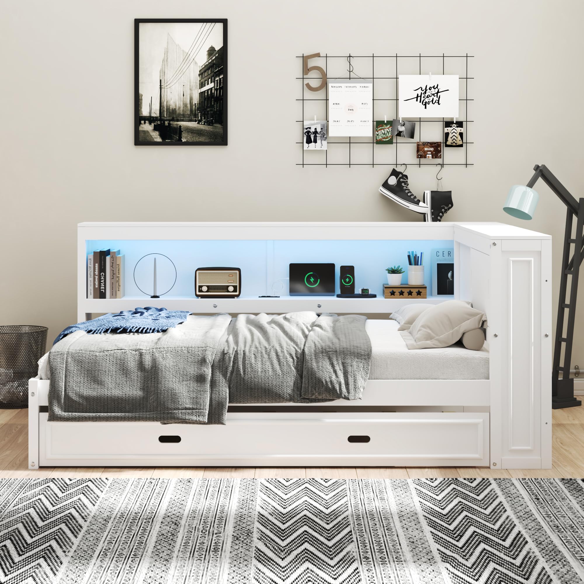 HRJHLucky Full Size Wood Daybed with Storage Shelves, USB, LED and Twin Trundle (White)