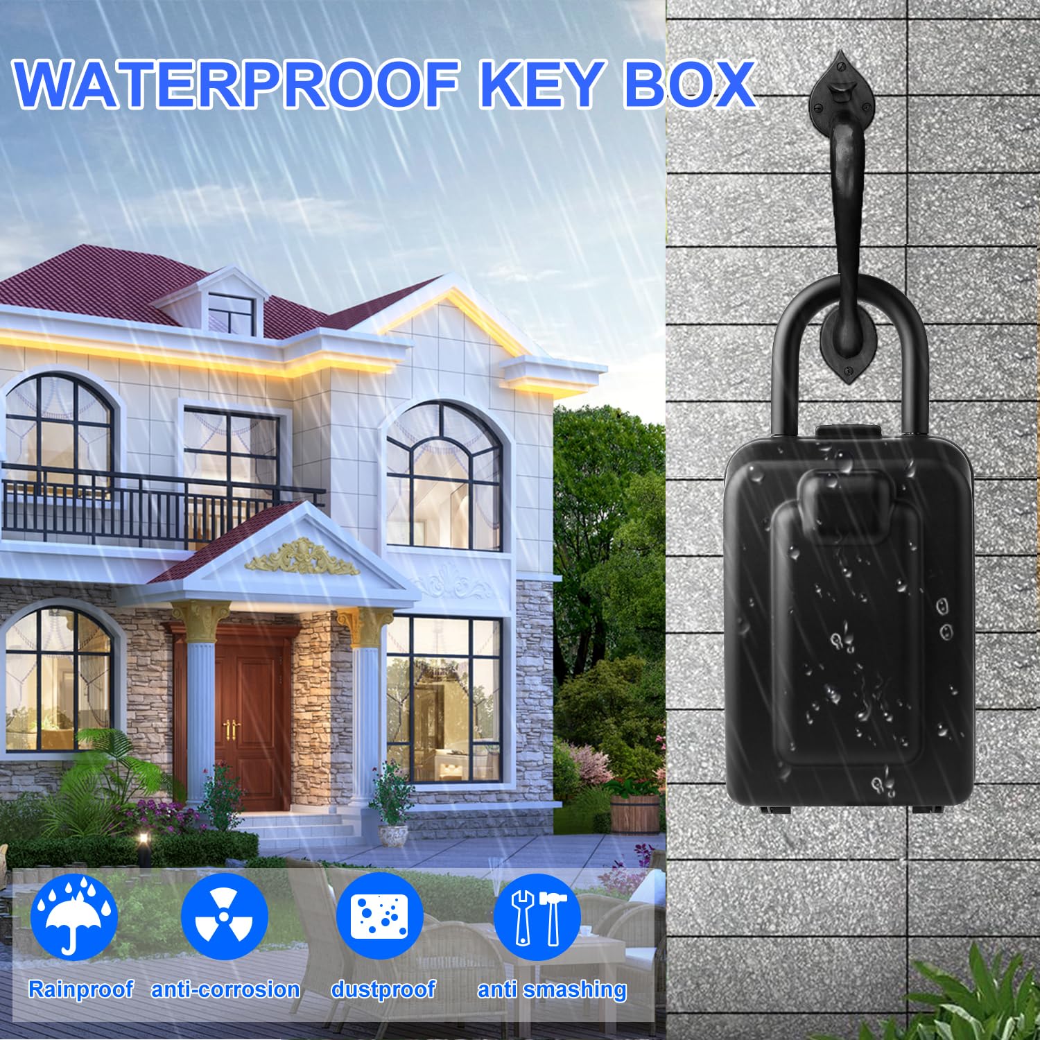 Schlüsselschlossbox, 12-stelliger Code, wetterfeste Wandhalterung, große Kapazität 5–8 Schlüssel, Aluminiumlegierung (Schwarz, 9,1 x 5,7 x 19,8 cm mit Bügel)