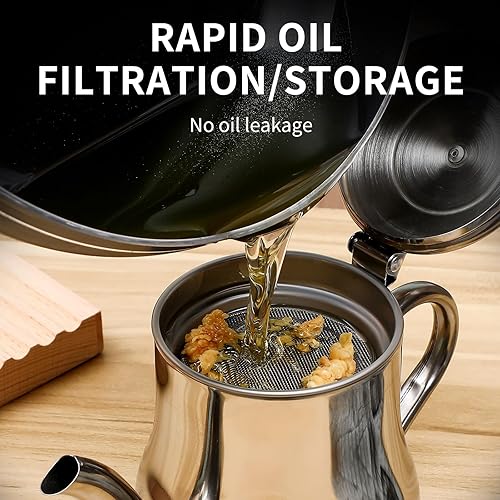 Miniatura 8 de Yardwe Colador de aceite de acero inoxidable, recipiente de grasa con colador de malla fina, botellas dispensadoras de aceite, lata de