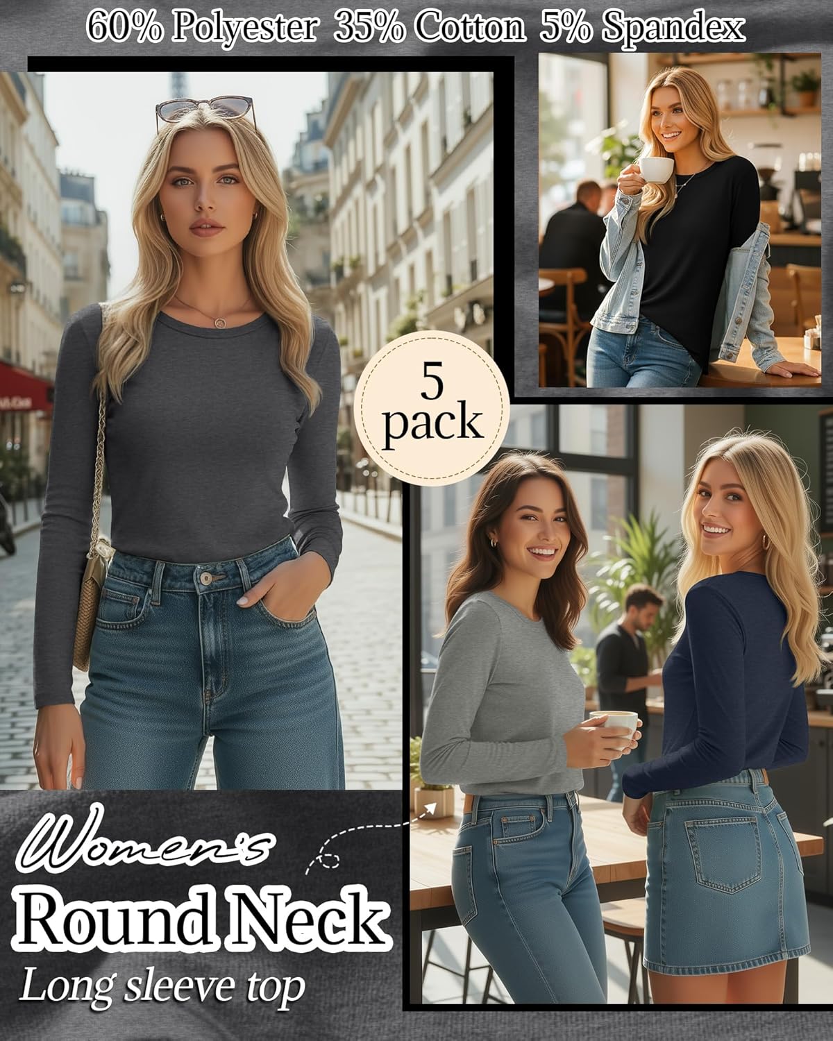 Huukeay 5 Pack Women's Crew Neck Long Sleeve Shirts, Cotton Blend Casual Clothes Workout Basic Layering Tee Tops Multipack - Image 2