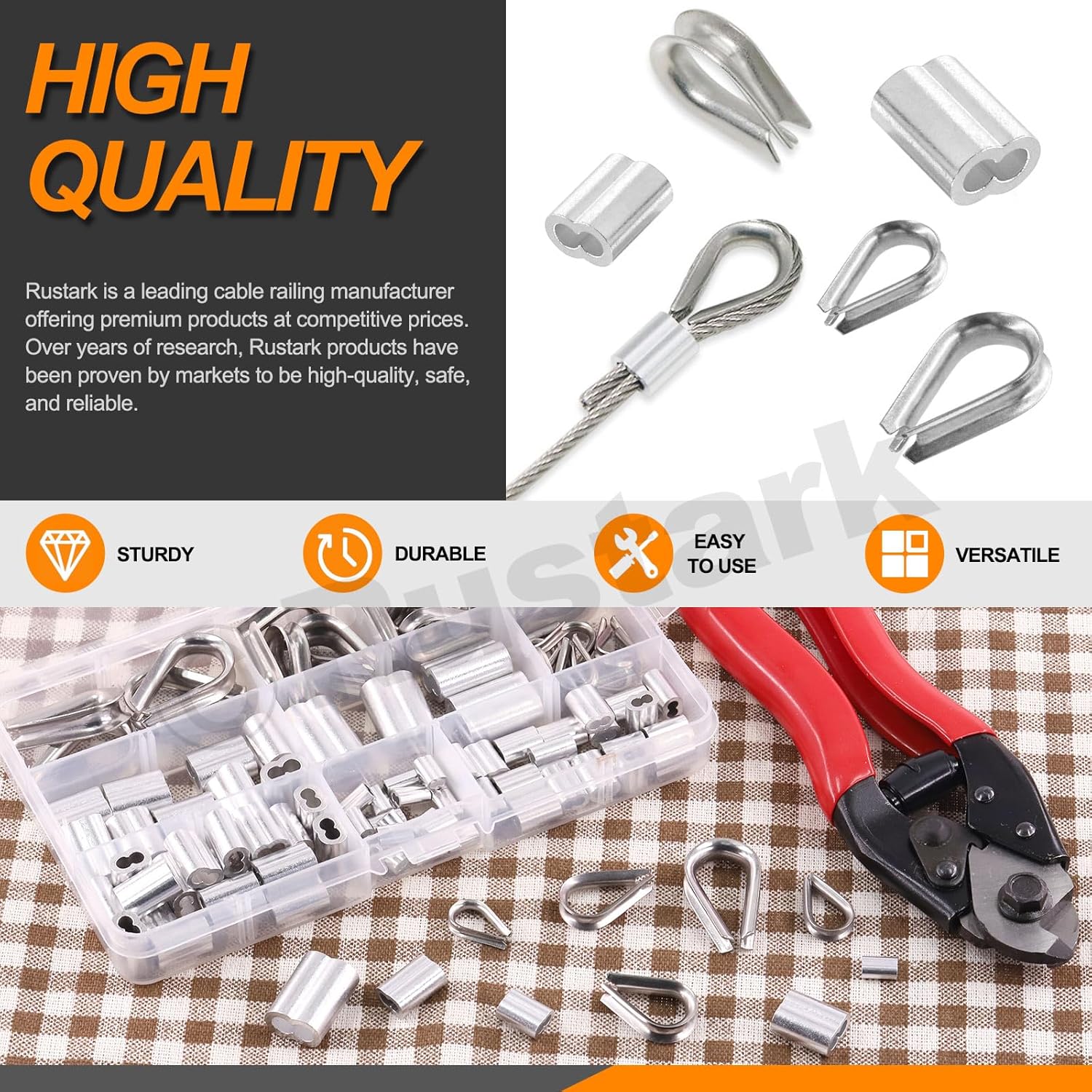 117Pcs 8 Inches Steel Wire Rope Cutter with Aluminum Crimping Loop Sleeves and Stainless Steel Cable Thimble Assortment Kit for Wire Rope Bike Brakes Cable