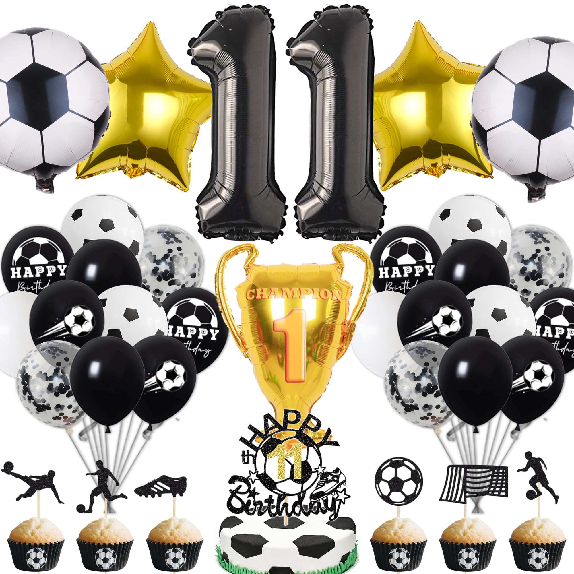 Fussball Deko Geburtstag Kinder 11 Jahre Junge - 11. Geburtstagsdeko Luftballons Fußball Folienballon, Tortendeko und XXL Zahlenballon zum Kindergeburtstag Party Dekoration