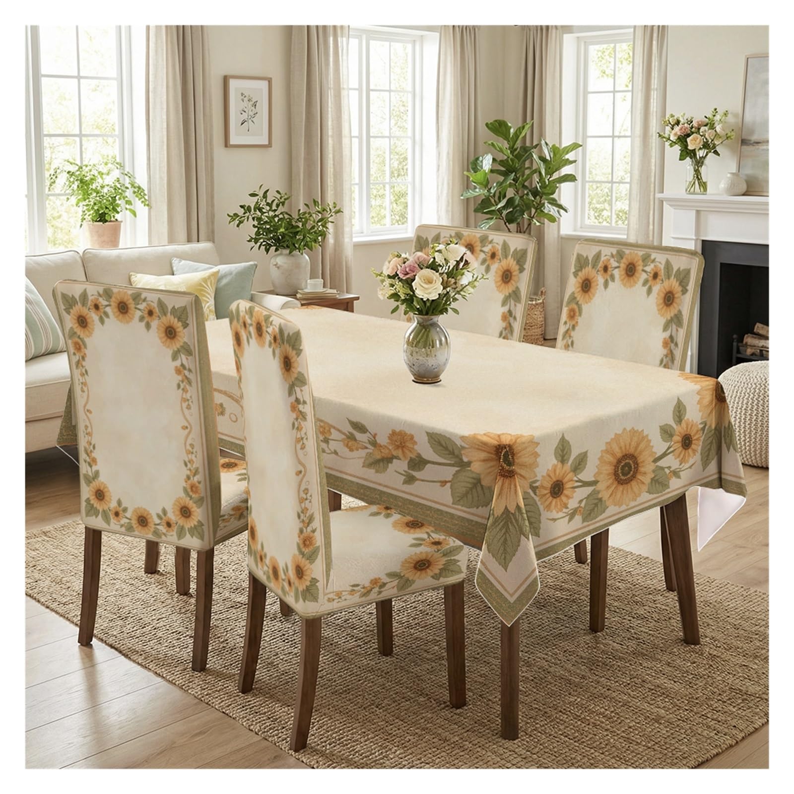 BOSUYBN Beige Sunflower Wreath Dining Chair Covers & Tablecloth Set, 5/7 Piece Country Style Slipcovers For Warm Home Decor Table Setting(5pcs Set: Tablecloth+Chair Covers)